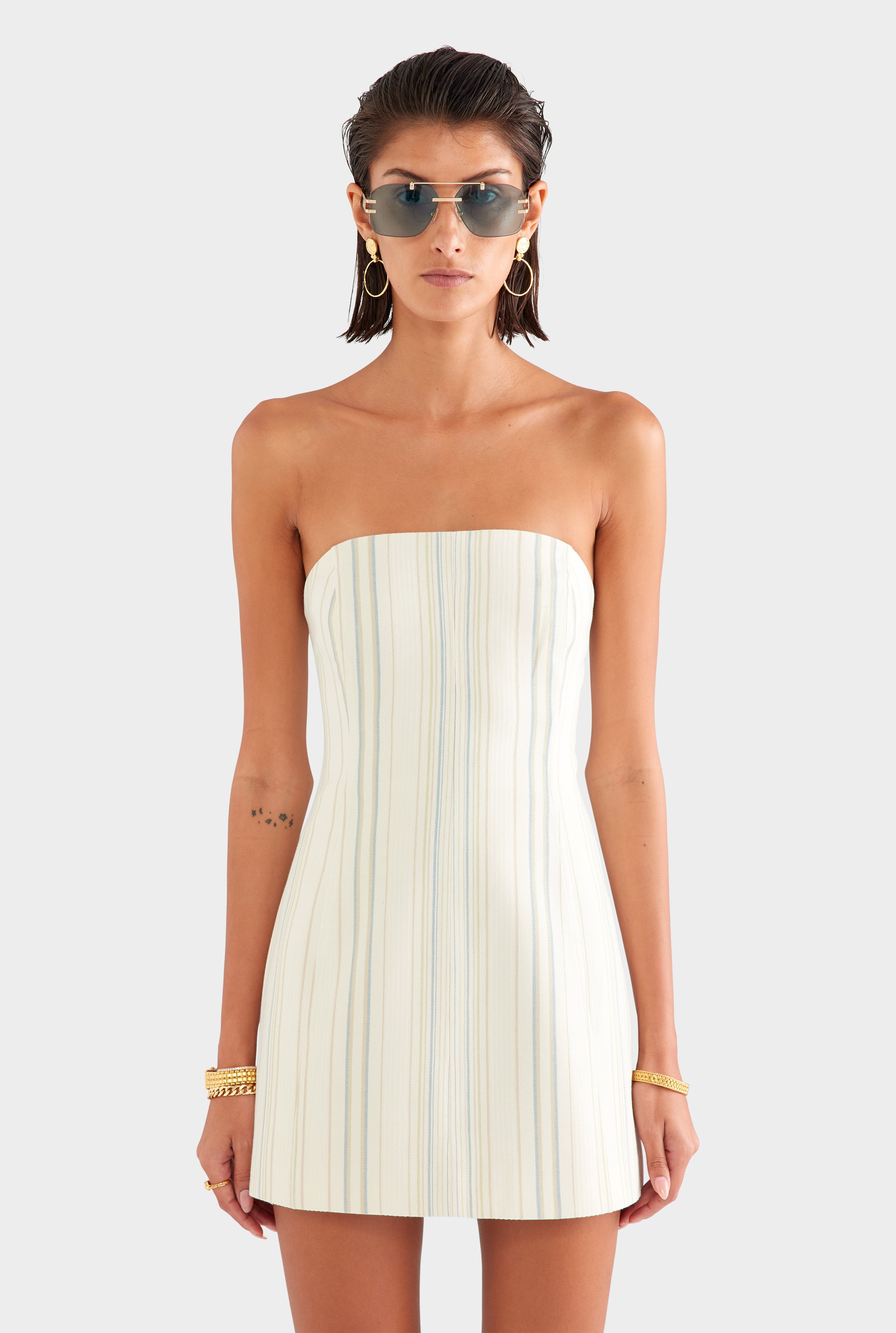 Strapless Stripe Mini Dress - Off White/Blue/Taupe Stripe