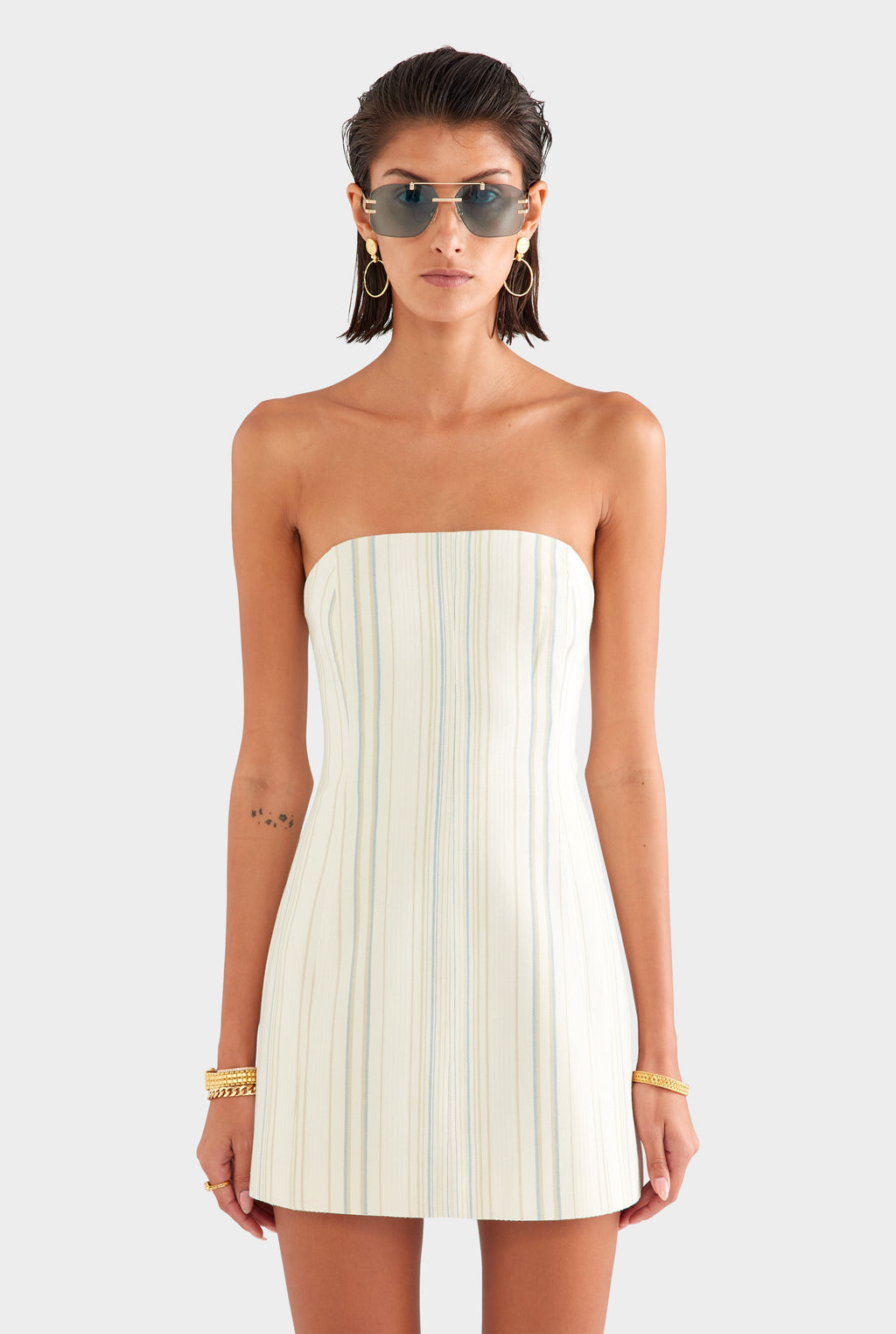 Strapless Stripe Mini Dress - Off White/Blue/Taupe Stripe