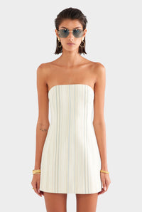 Strapless Stripe Mini Dress - Off White/Blue/Taupe Stripe