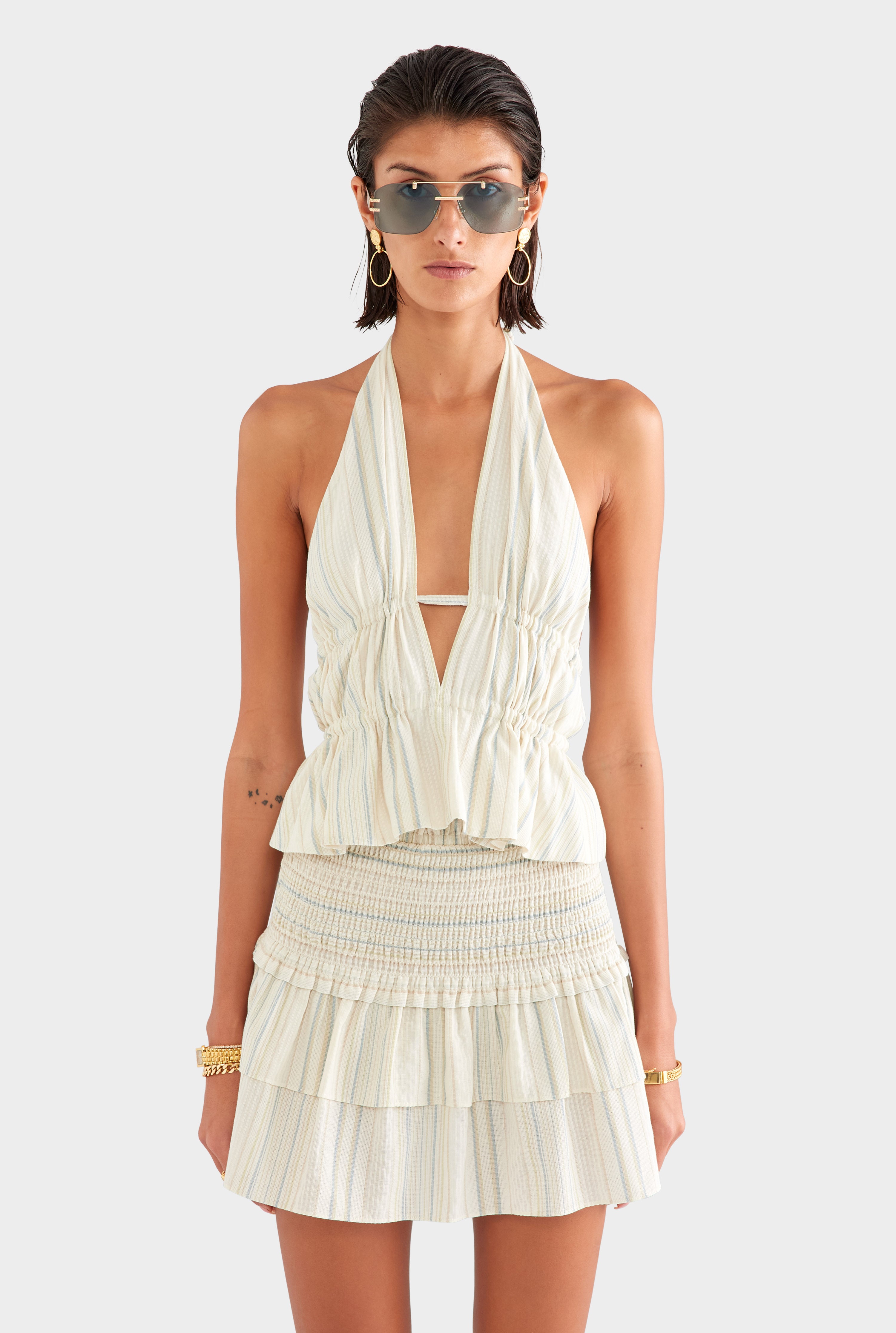 Stripe Cotton Halter Top - Off White/Blue/Taupe Stripe