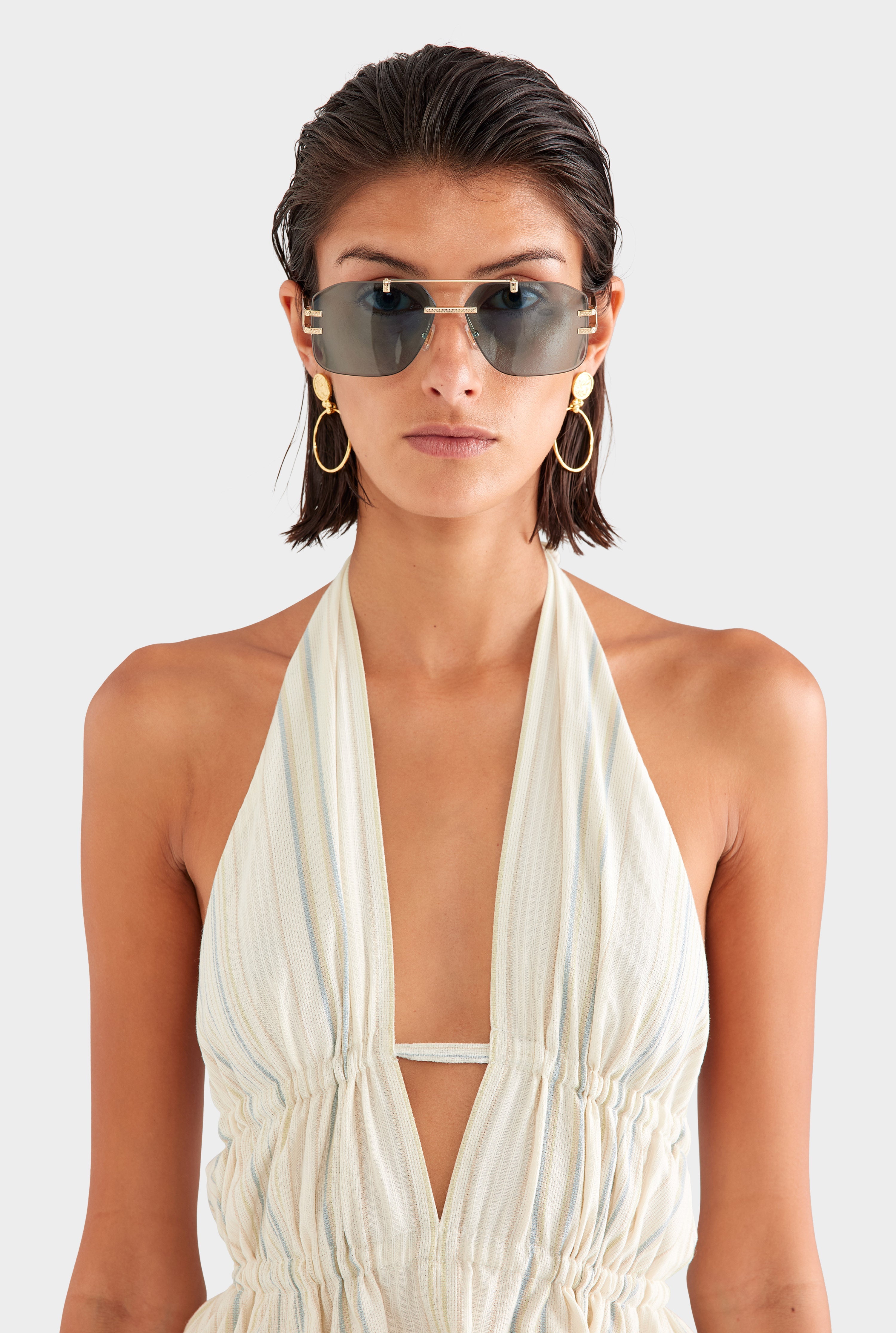 Stripe Cotton Halter Top - Off White/Blue/Taupe Stripe