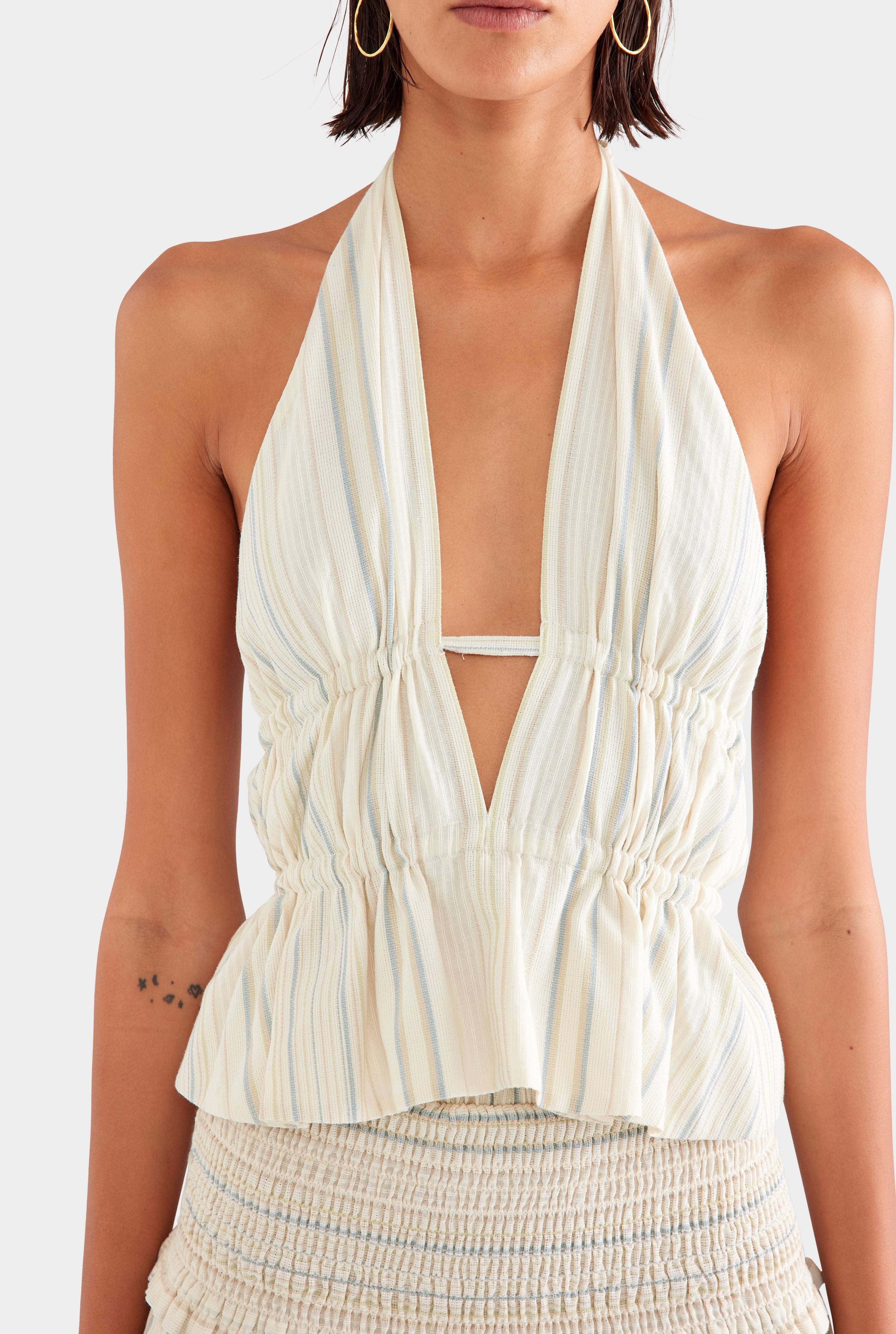 Stripe Cotton Halter Top - Off White/Blue/Taupe Stripe