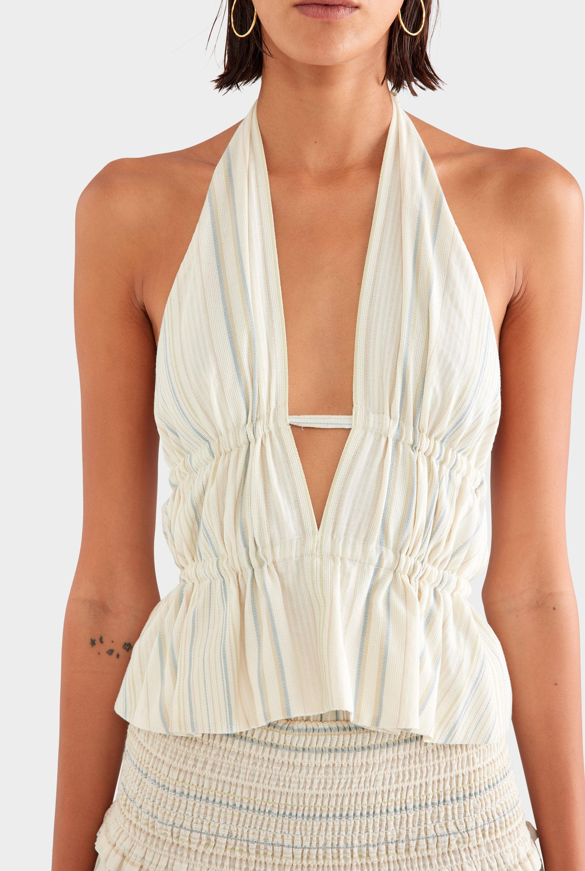 Stripe Cotton Halter Top - Off White/Blue/Taupe Stripe