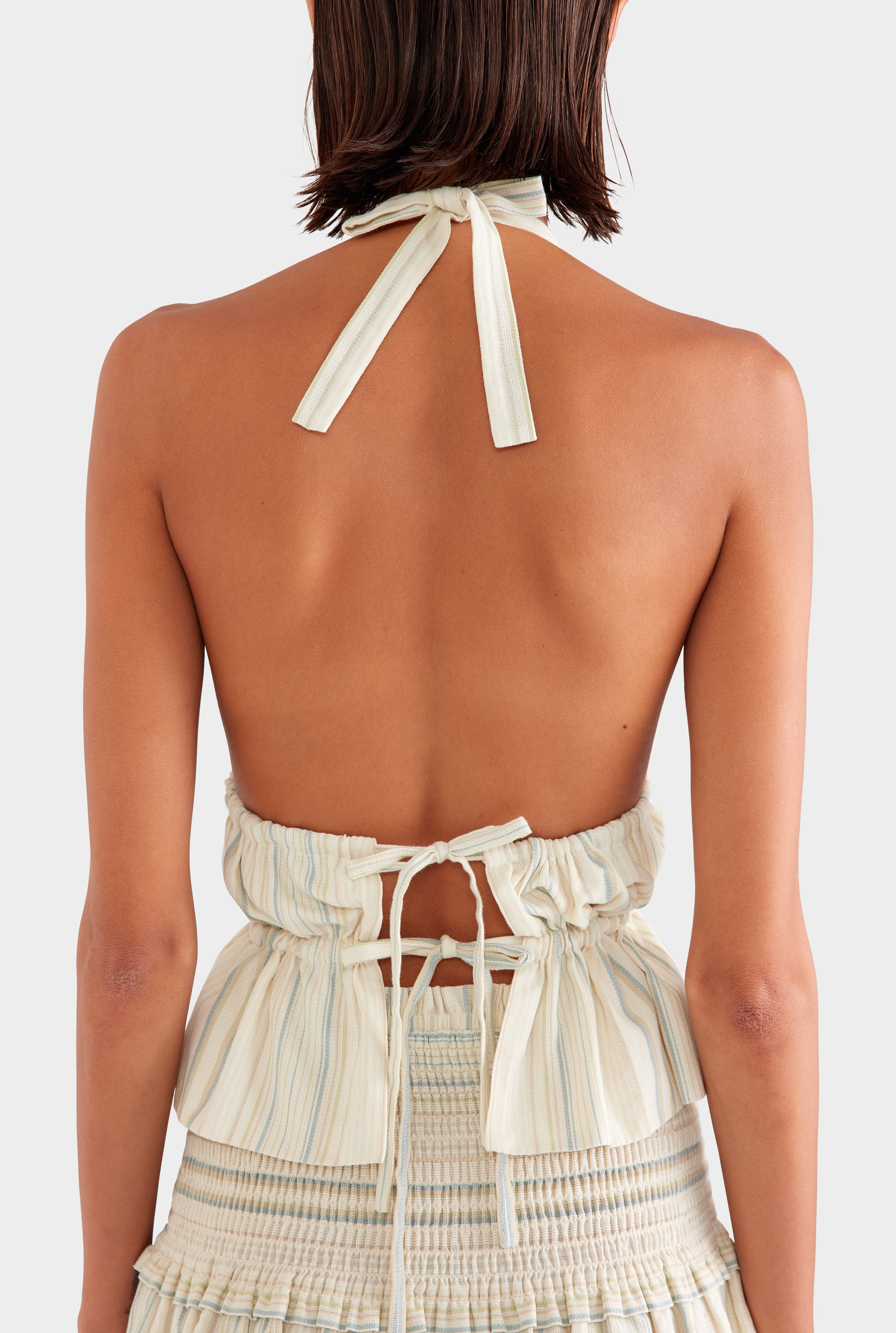 Stripe Cotton Halter Top - Off White/Blue/Taupe Stripe