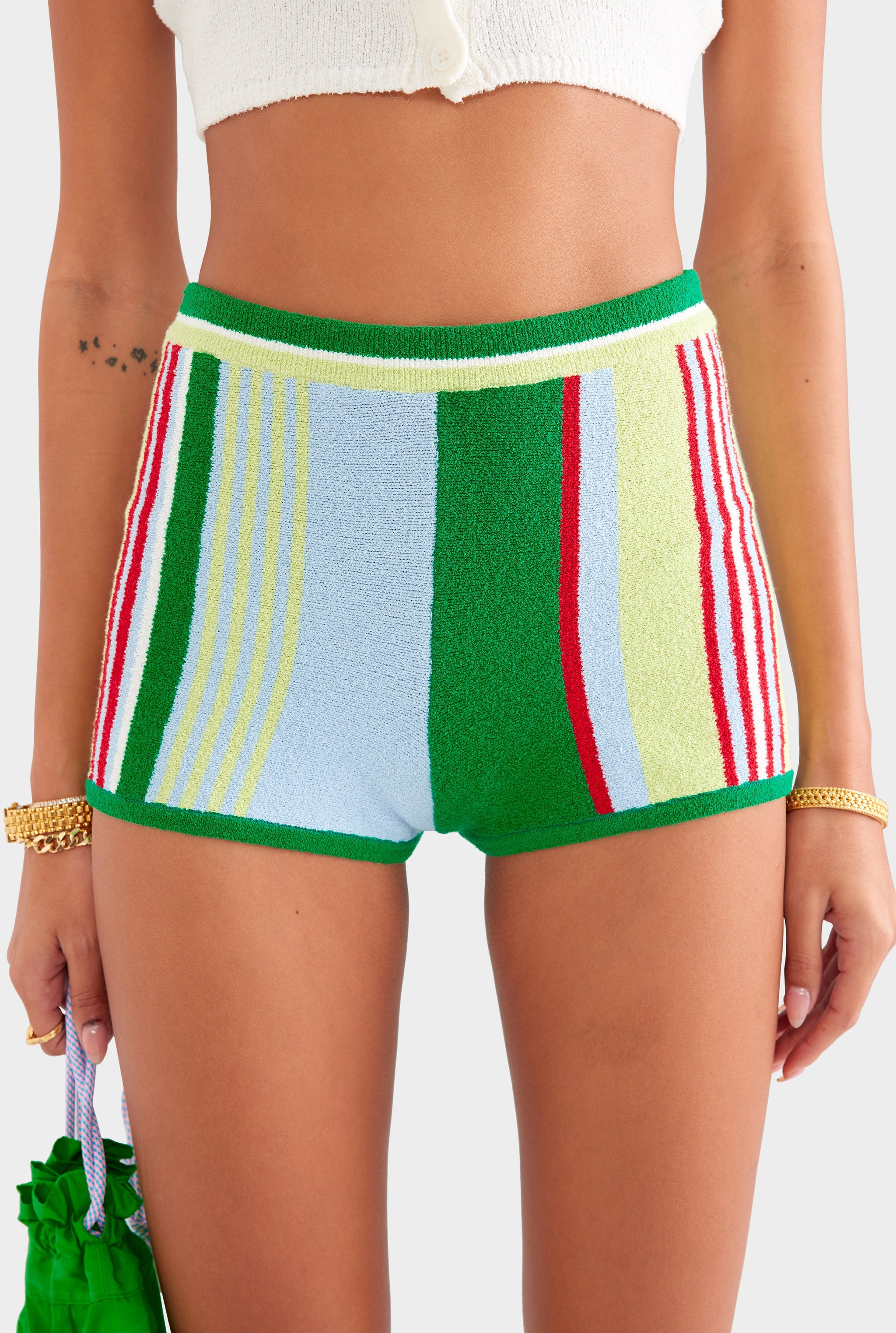 Striped Terry Knit Short - Bright Green/Blue Stripe