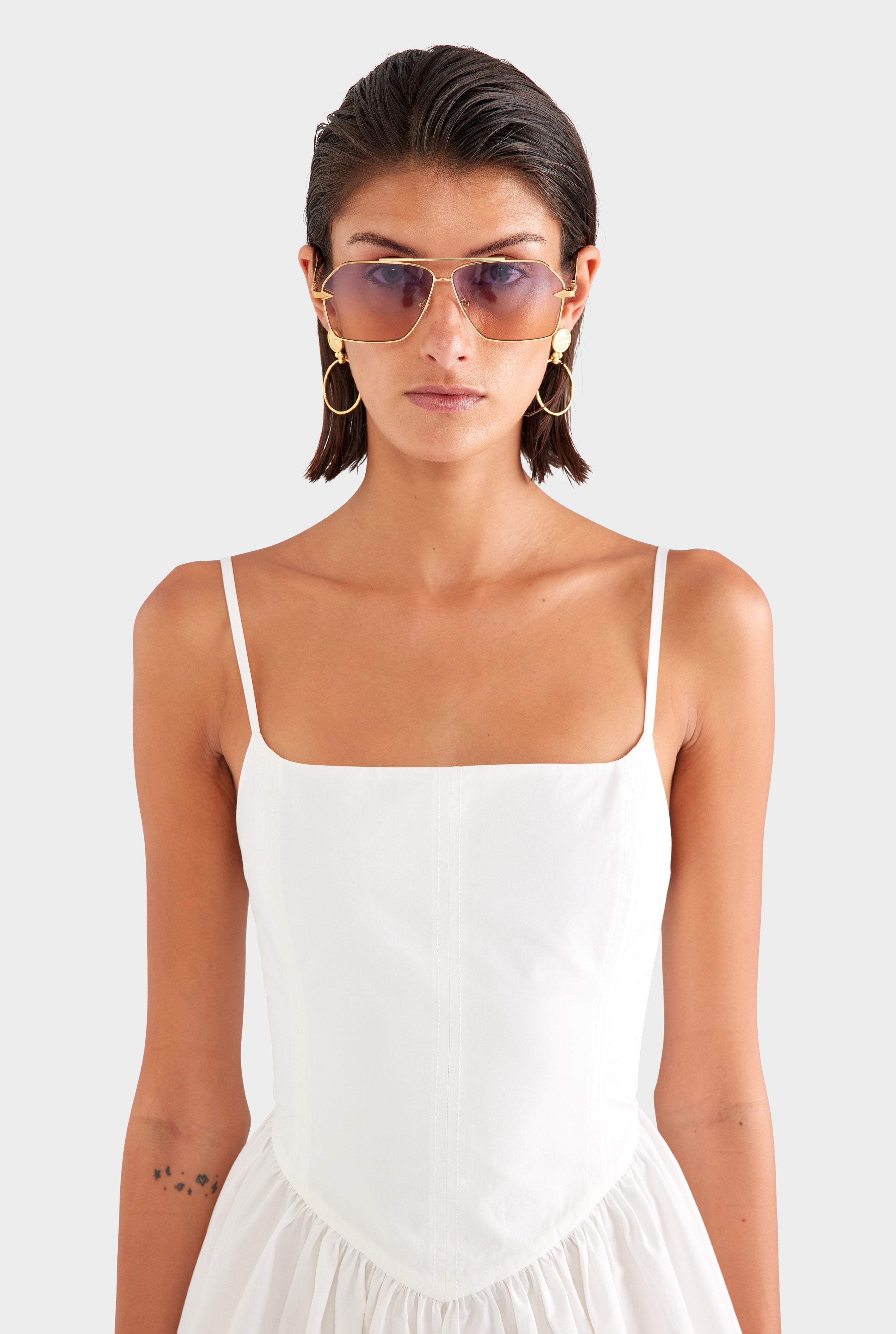 V Waist Cotton Mini Dress - Off White