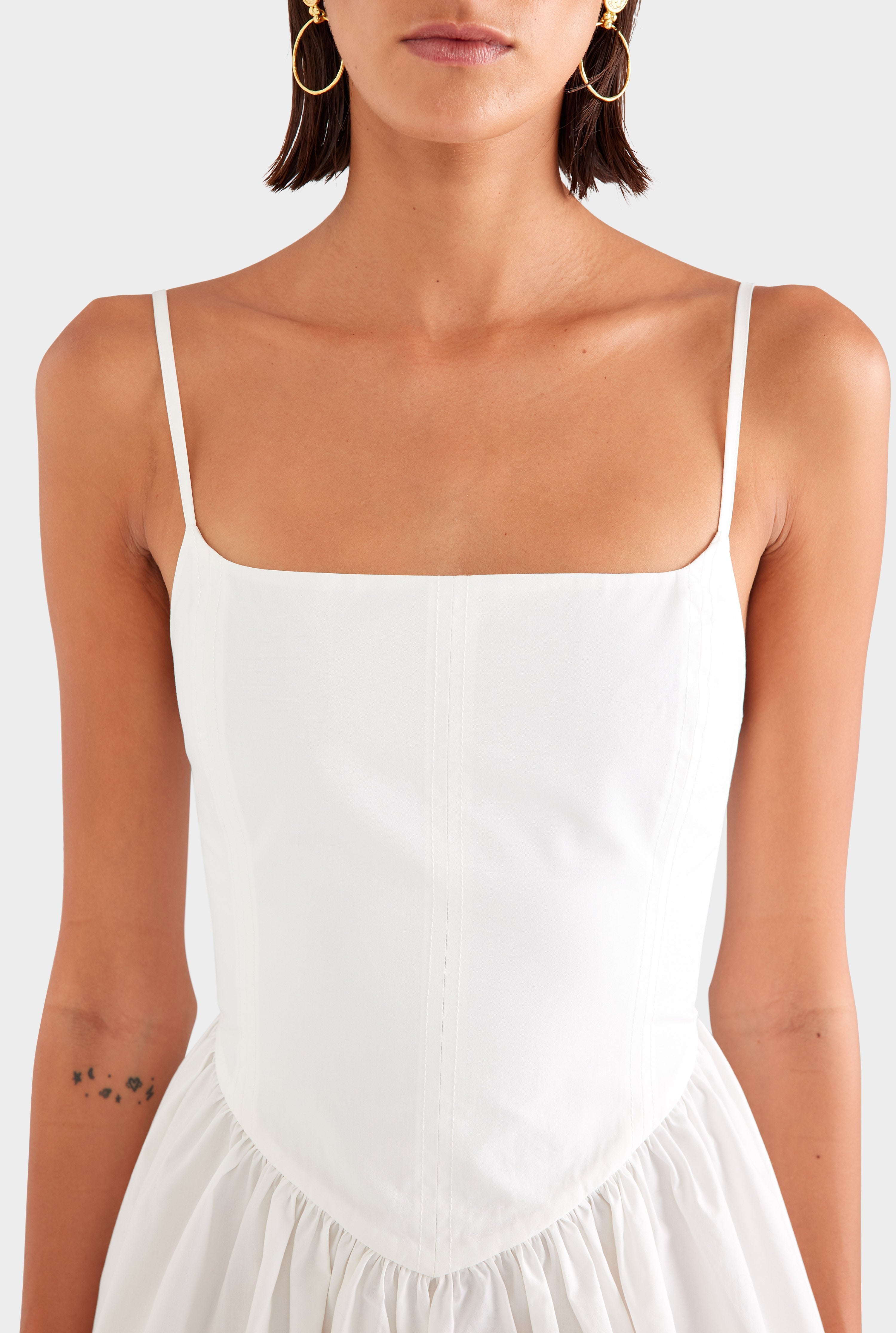 V Waist Cotton Mini Dress - Off White