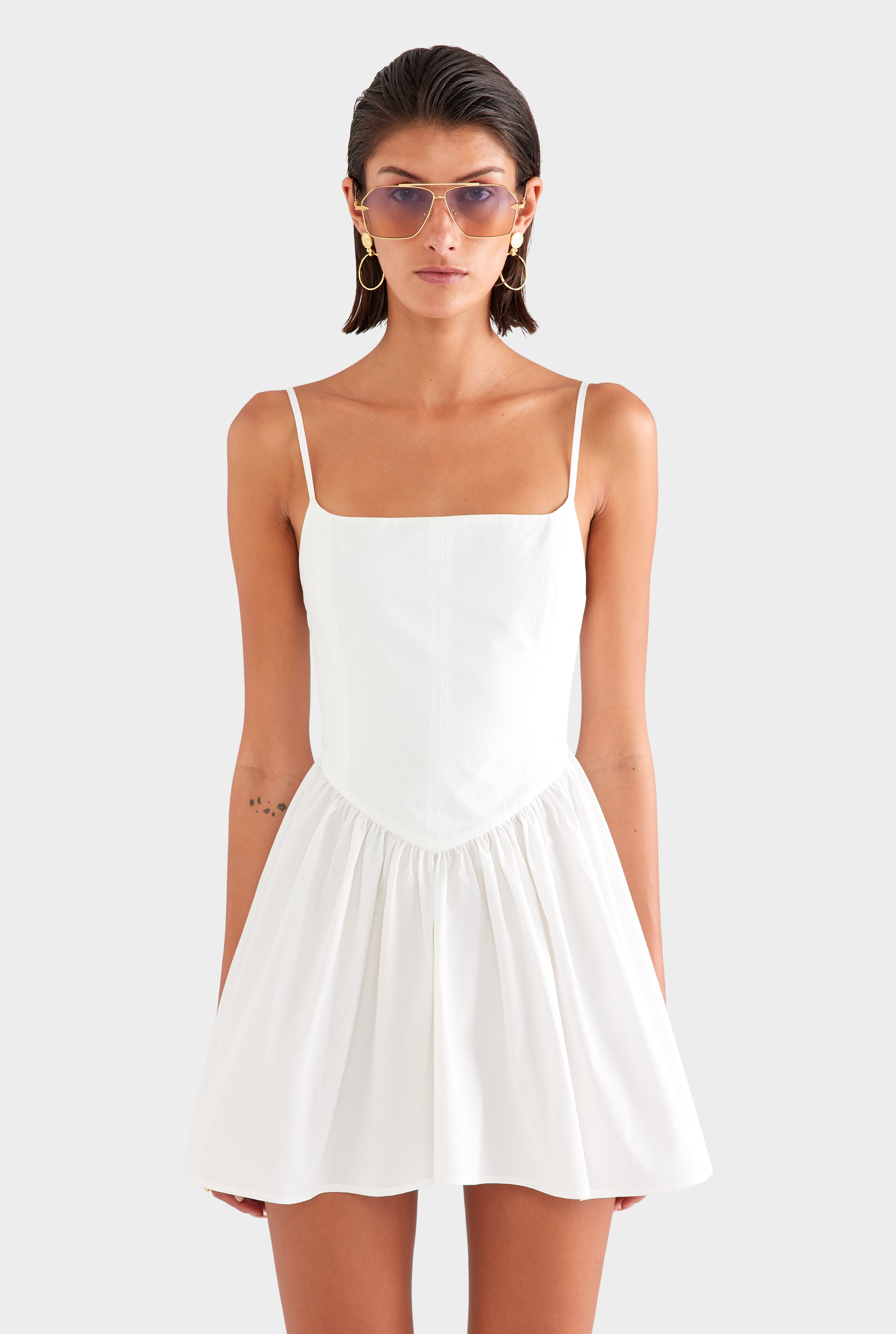 V Waist Cotton Mini Dress - Off White