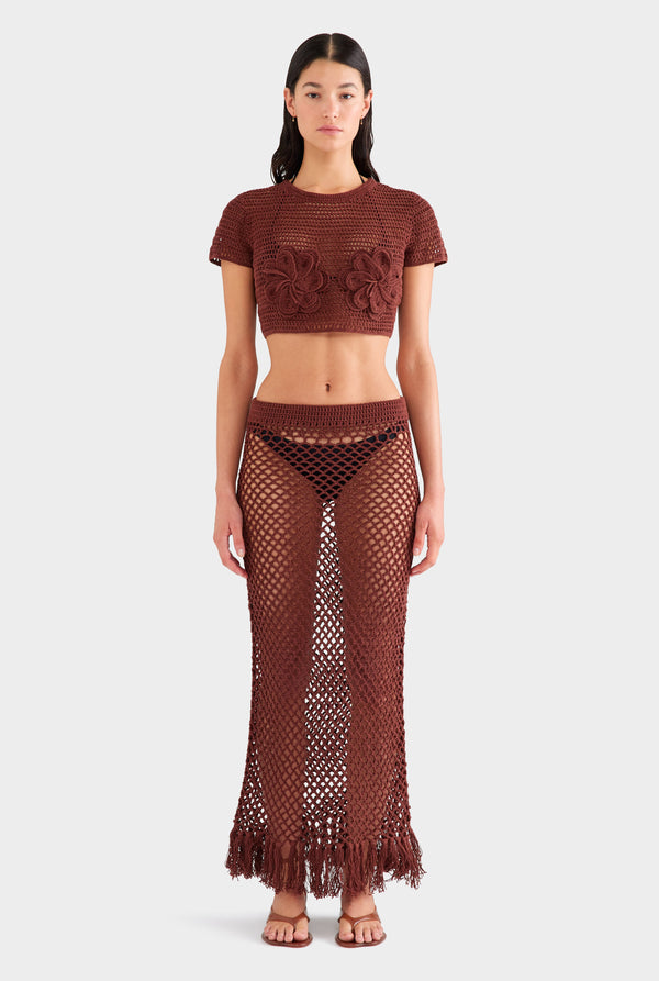 Floral Crochet Cotton Cropped Tee - Chocolate
