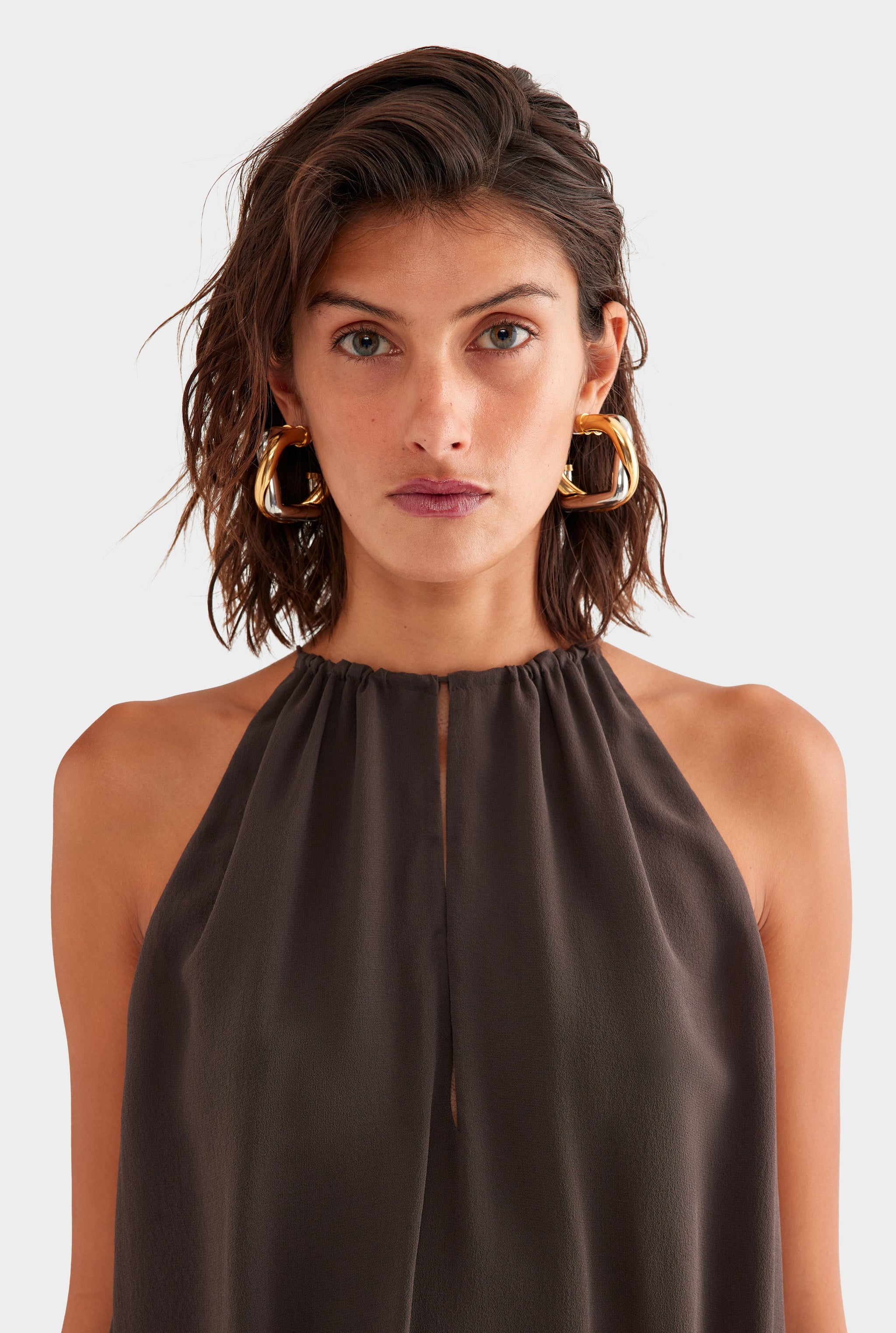 Gathered Silk Bodysuit - Dark Chocolate