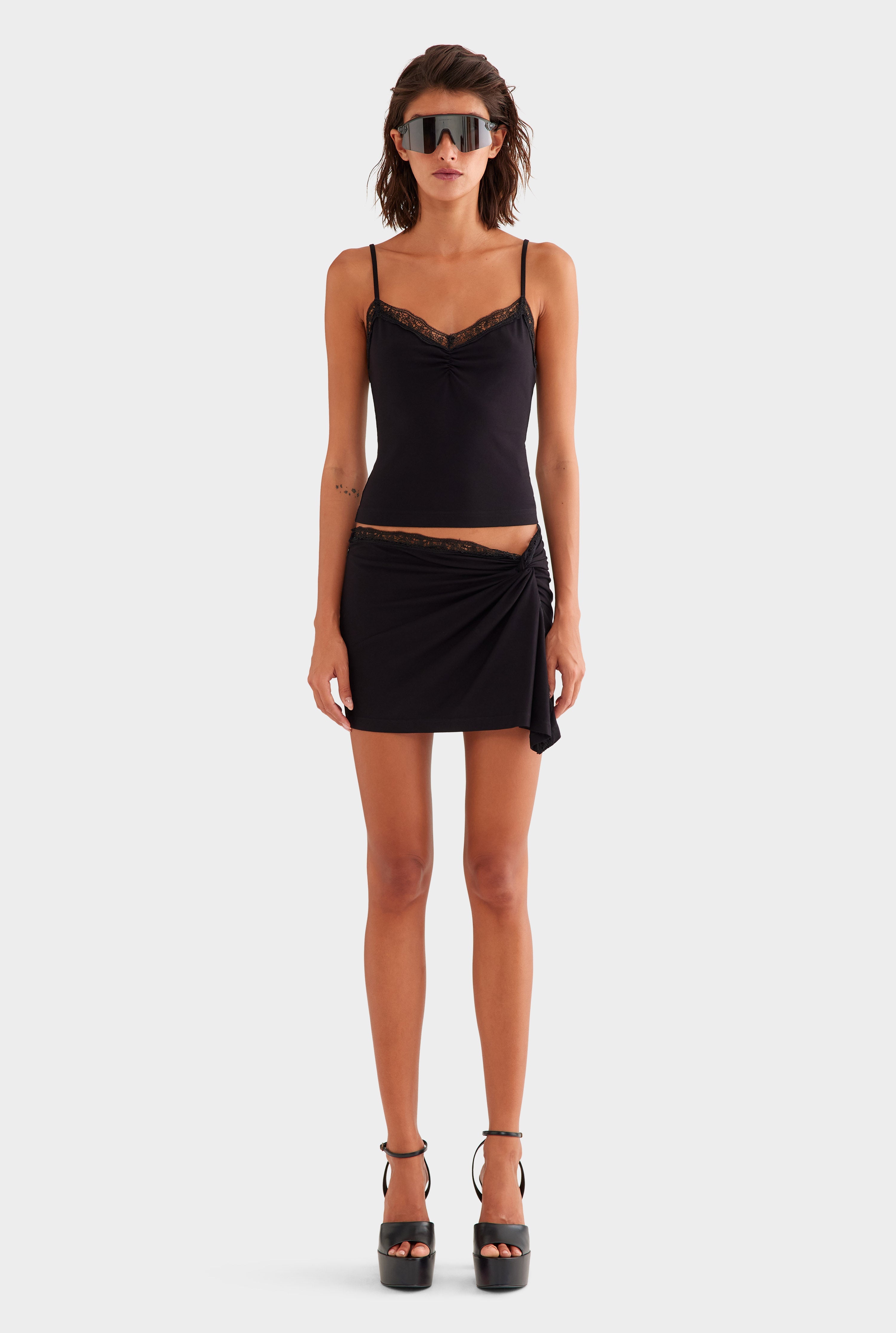 Jersey Lace Twist Mini Skirt - Black