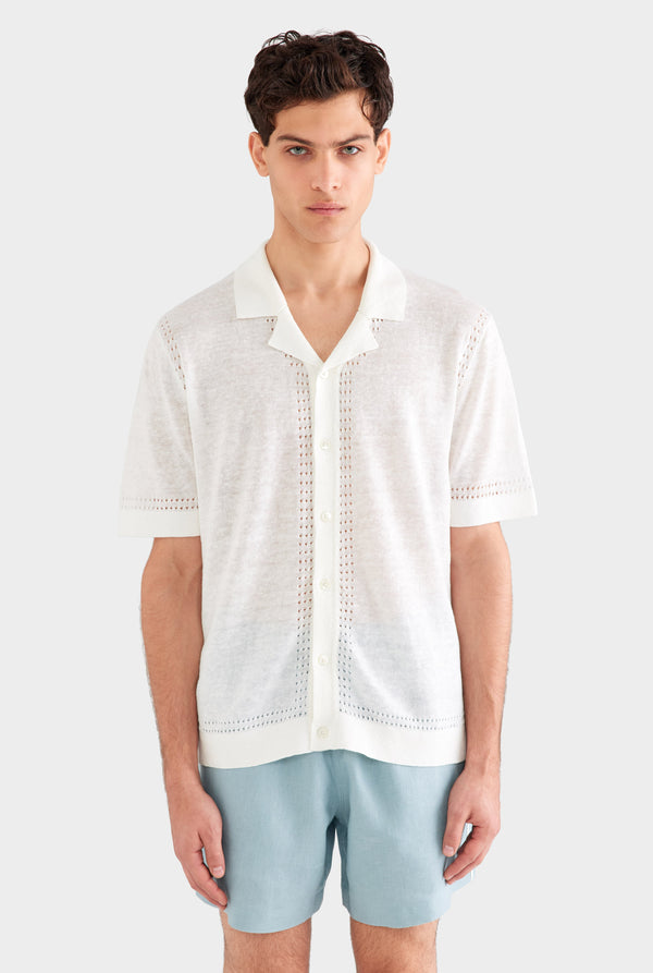 Knitted Contrast Stitch Short Sleeve Shirt - Off White