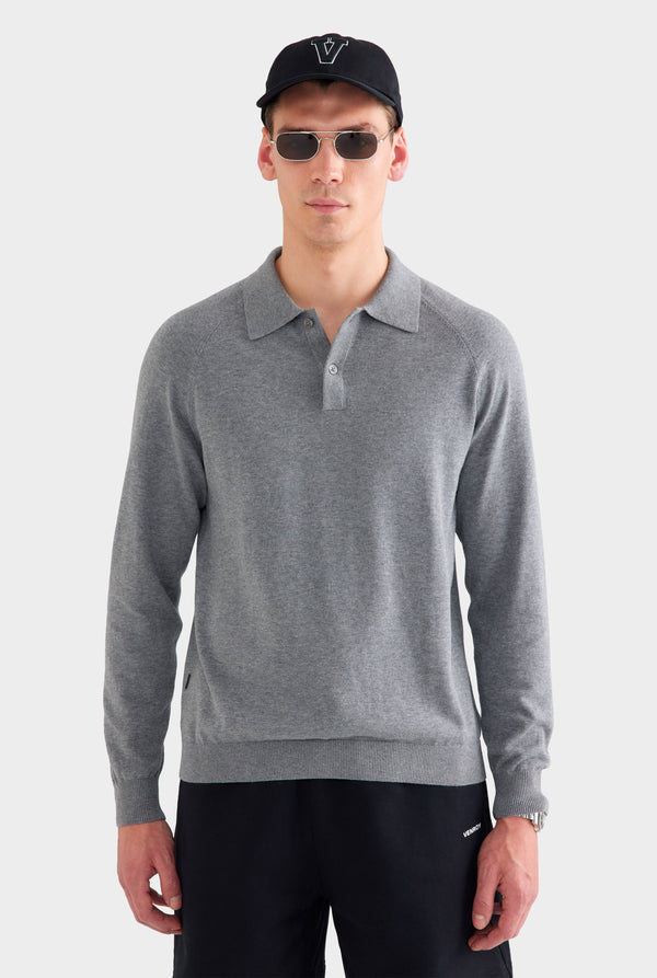 Long Sleeve Cotton Raglan Knit Polo - Dark Grey Marl
