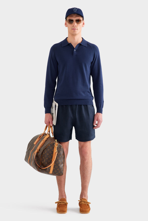 Long Sleeve Cotton Raglan Knit Polo - Navy