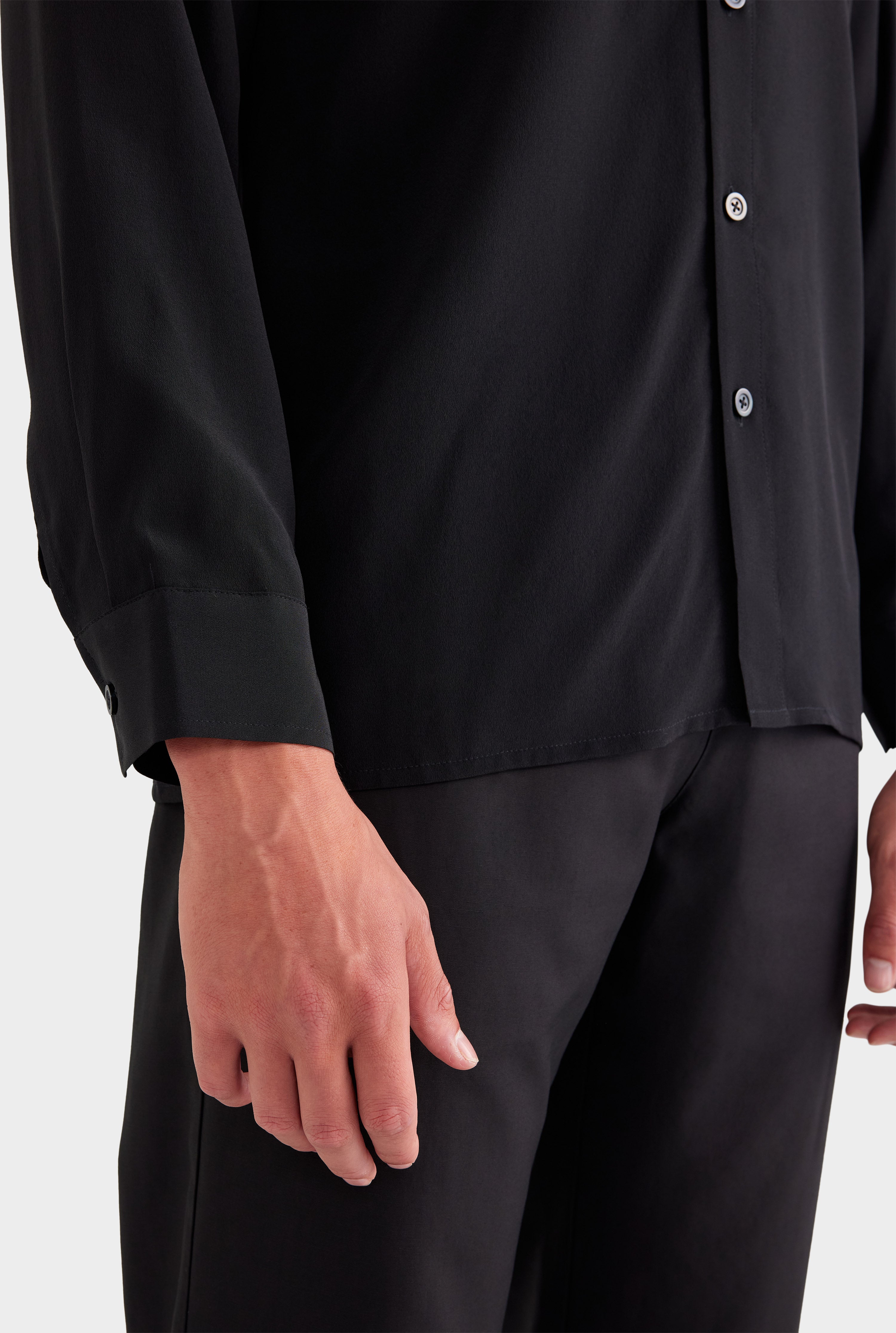 Relaxed Silk Long Sleeve Shirt - Black