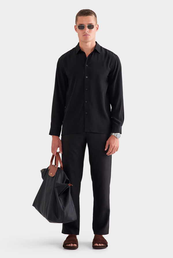 Relaxed Silk Long Sleeve Shirt - Black