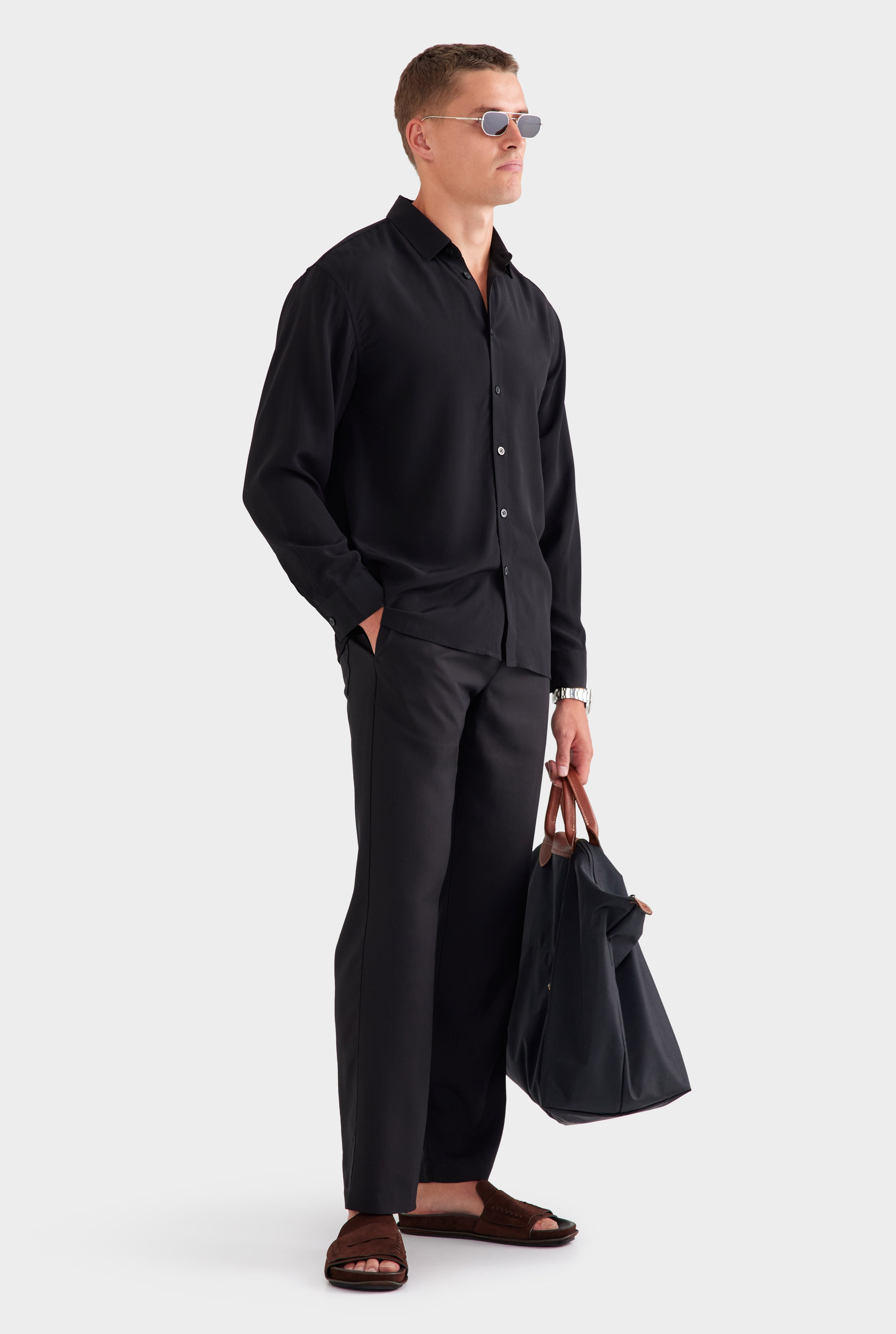 Relaxed Silk Long Sleeve Shirt - Black