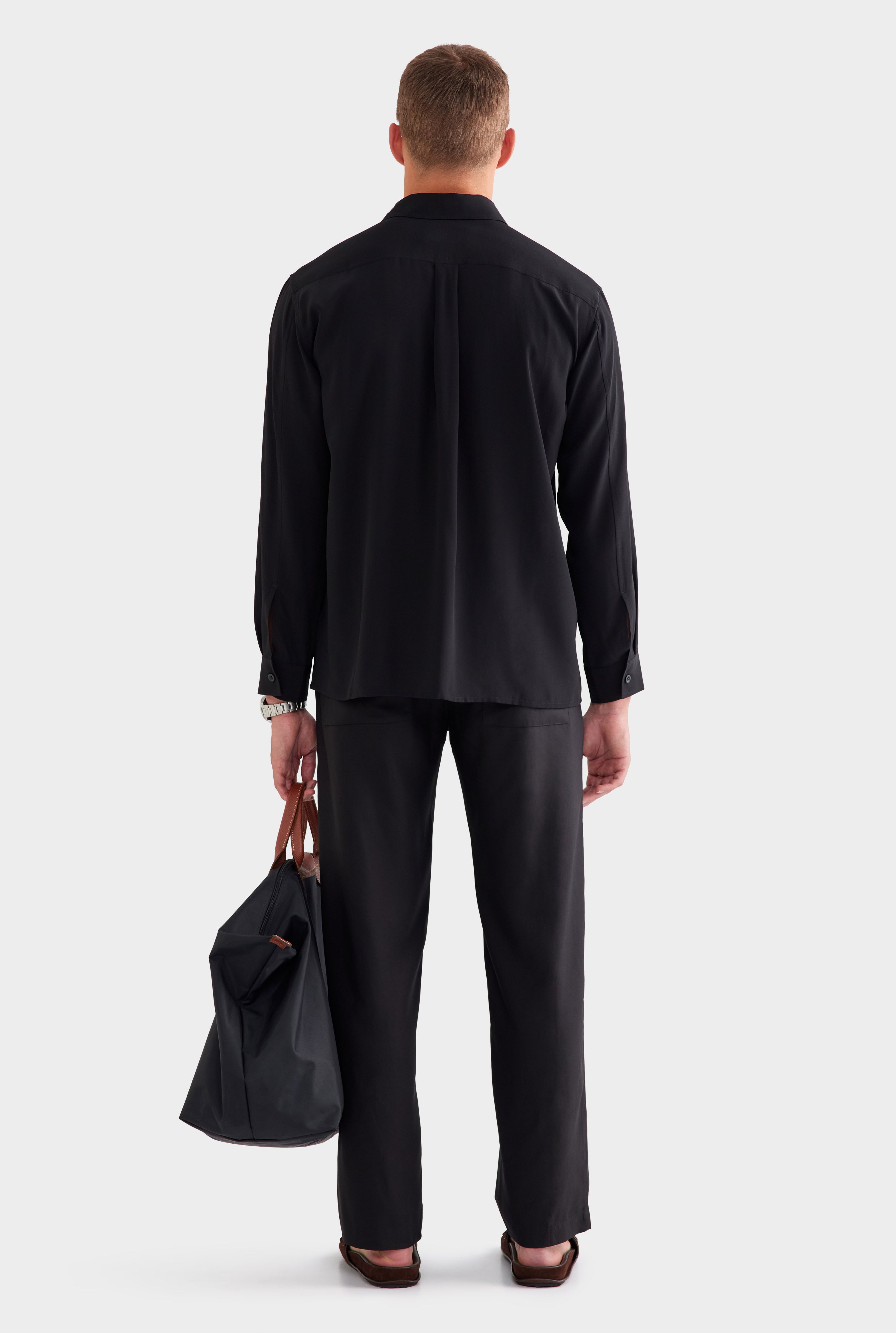 Relaxed Silk Long Sleeve Shirt - Black