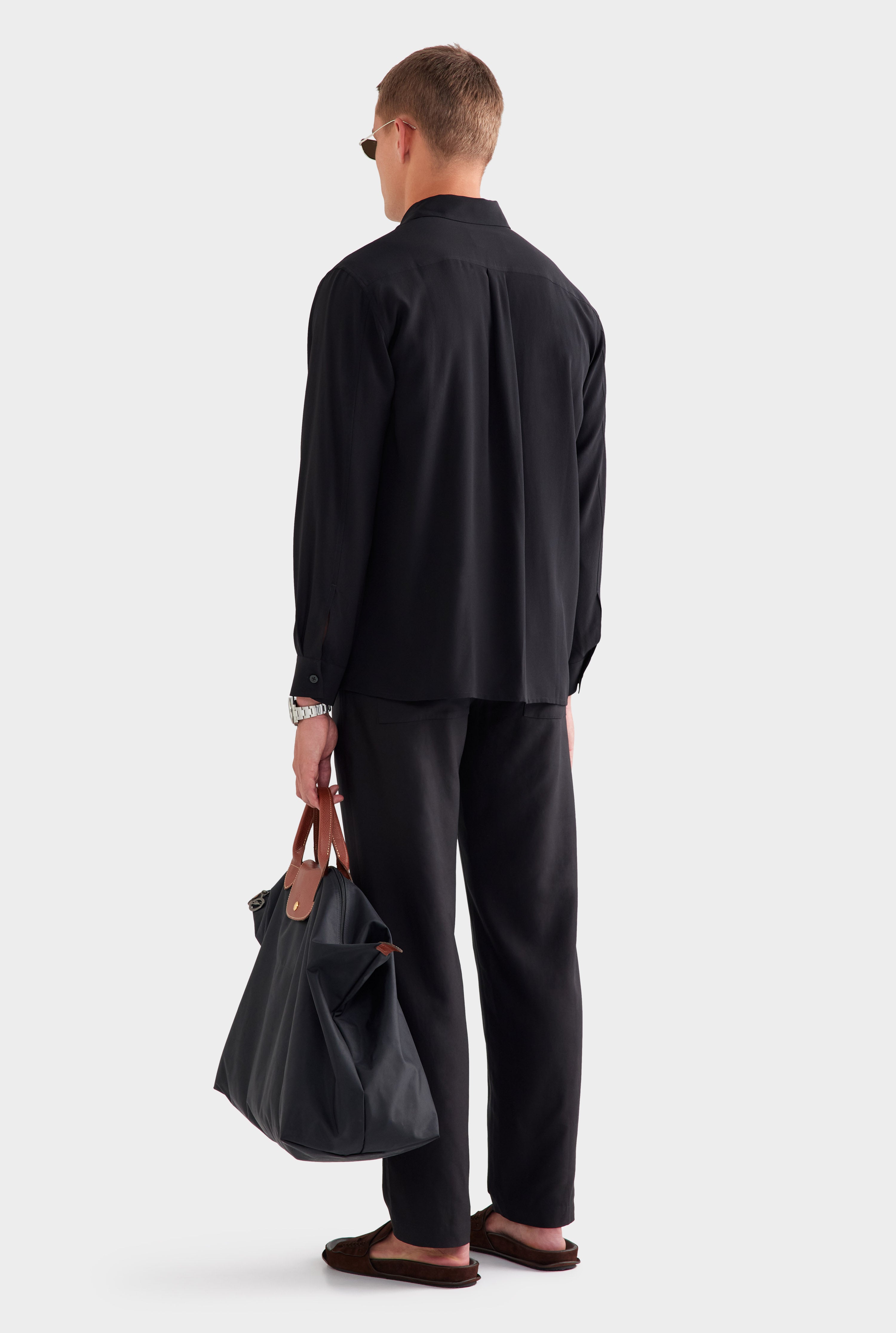 Relaxed Silk Long Sleeve Shirt - Black