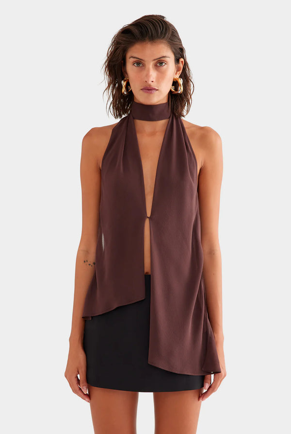 Silk Layered Halter Top - Coffee