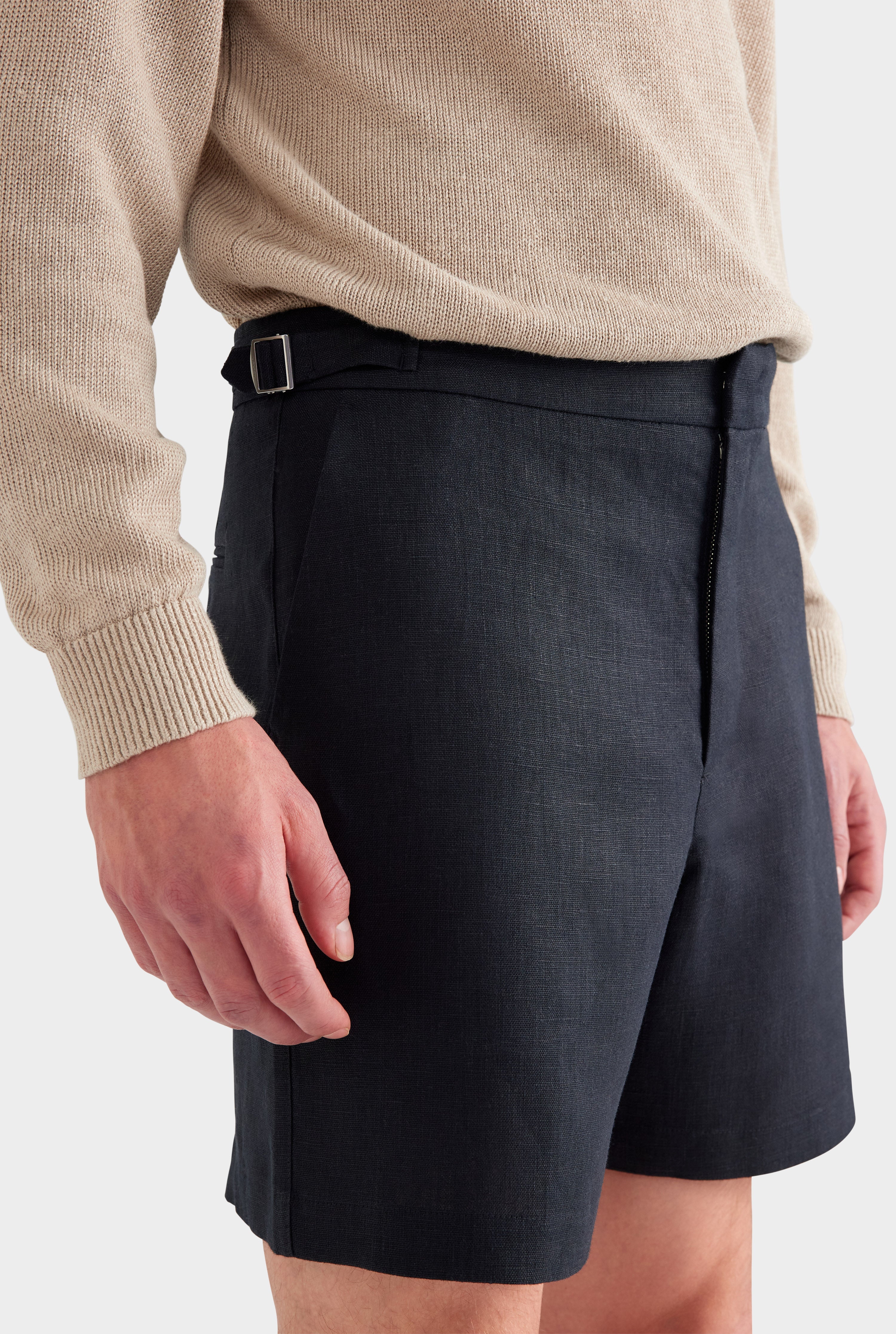 Tailored Linen Side Tab Short - Black