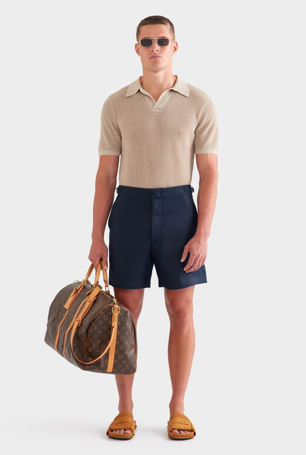 Tailored Linen Side Tab Short - Navy