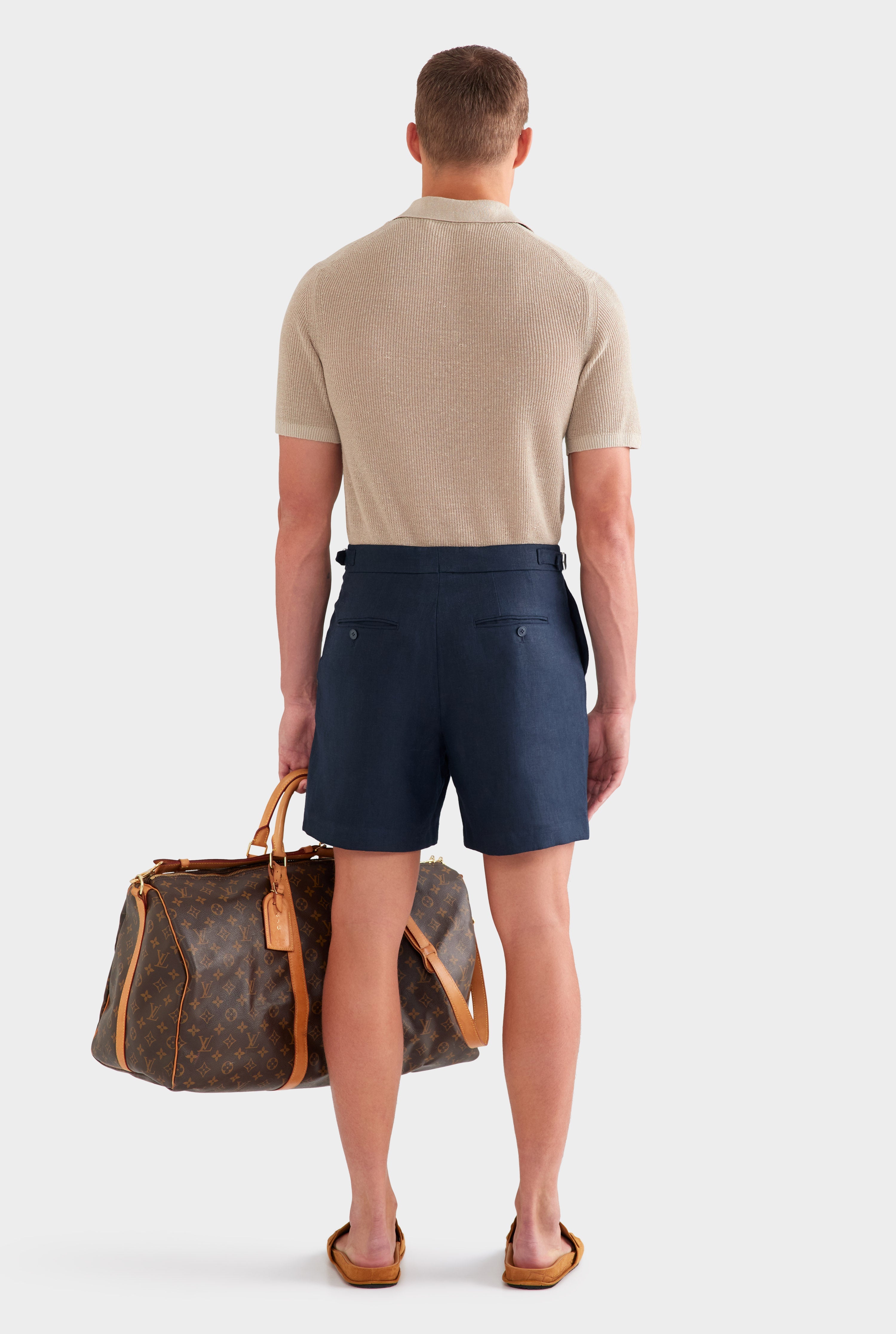 Tailored Linen Side Tab Short - Navy