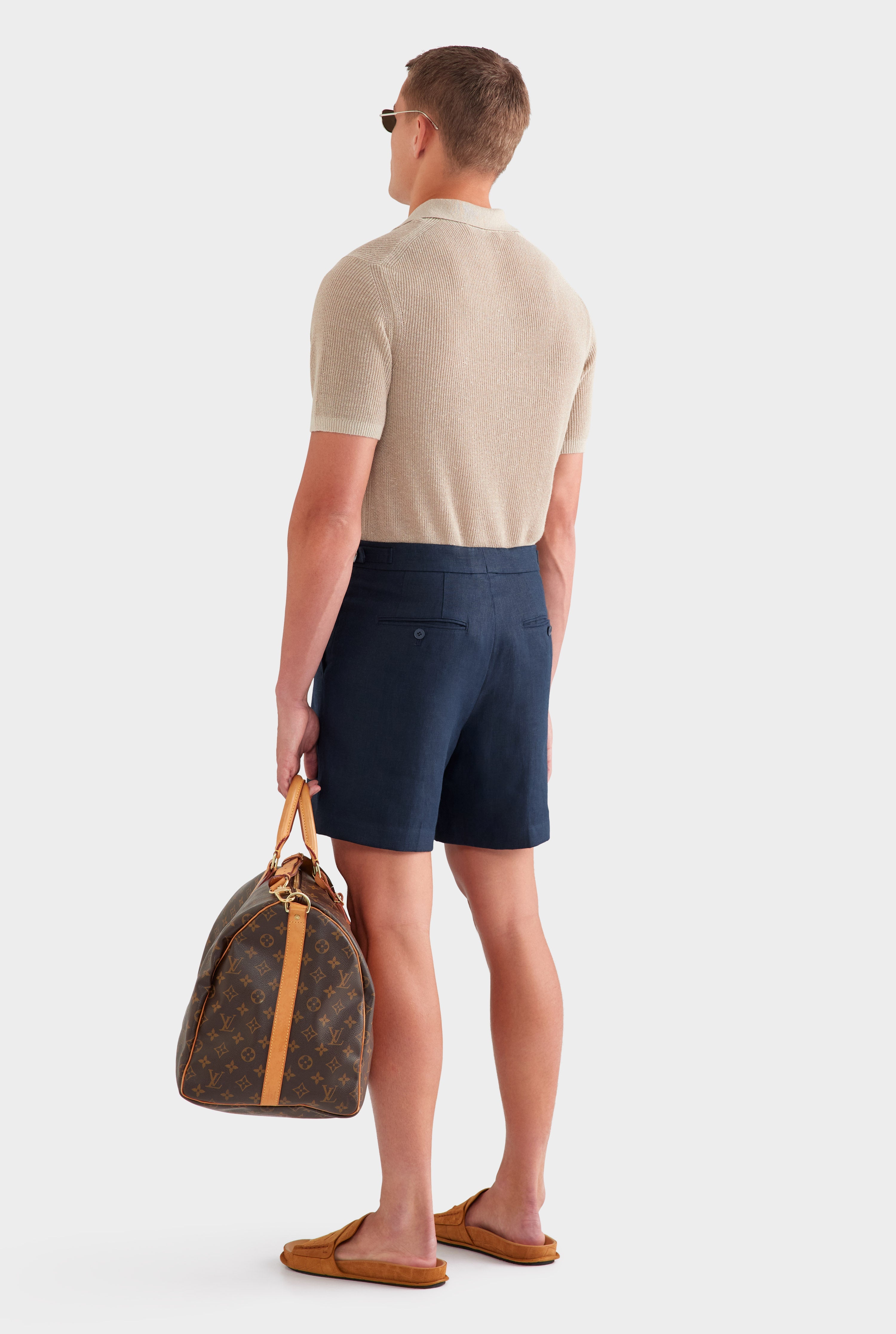 Tailored Linen Side Tab Short - Navy