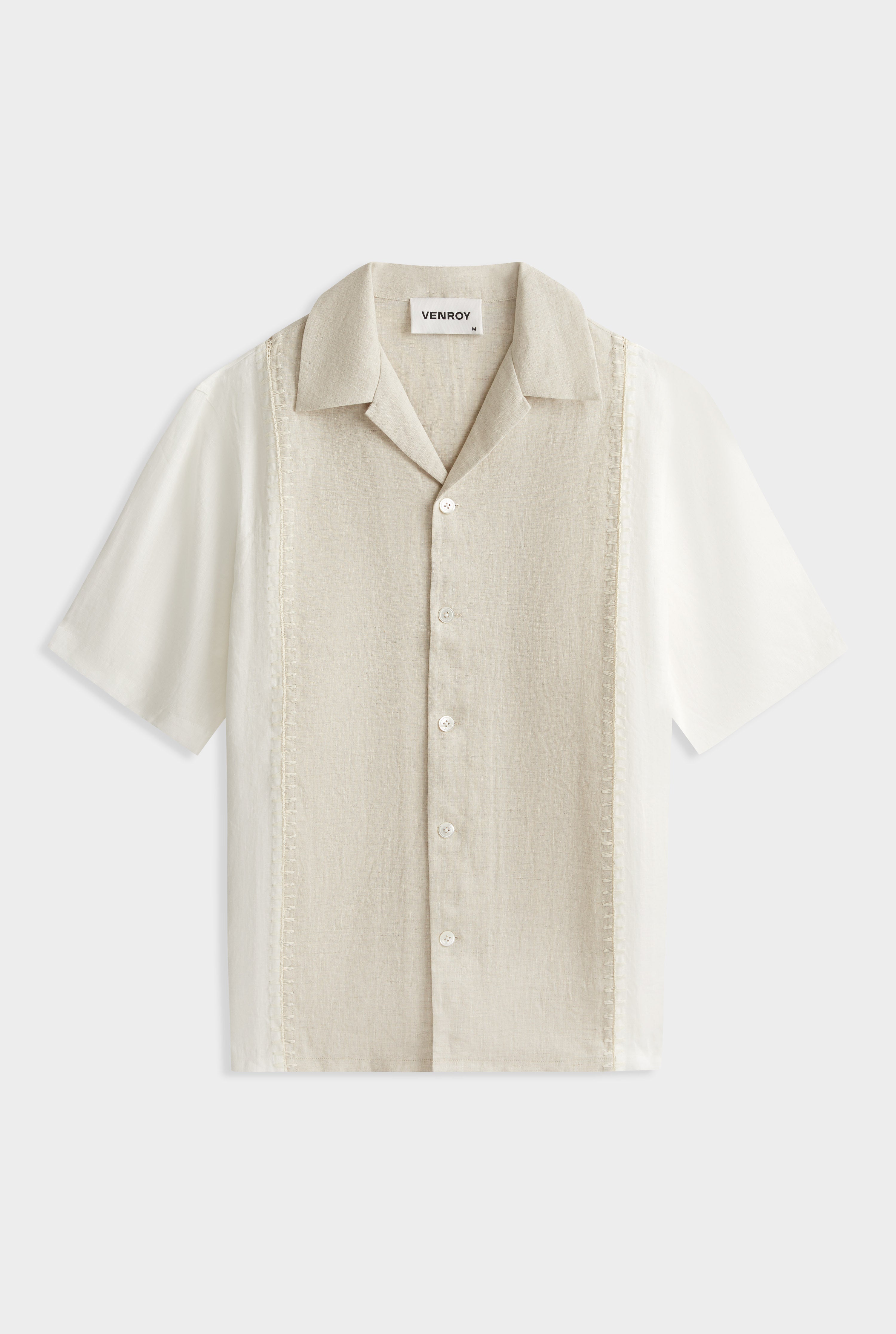 Short Sleeve Panelled Crochet Stitch Shirt - Sand/Off White