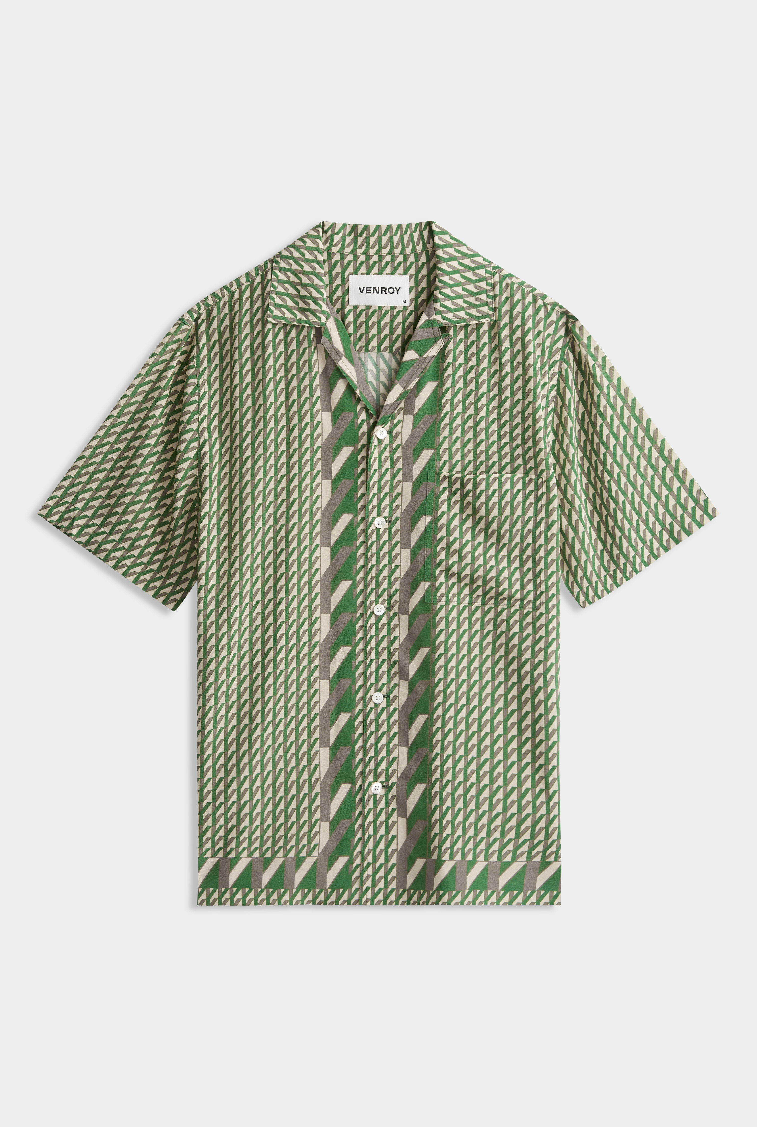 Flat Hem Short Sleeve Silk Camp Collar - Cactus/Antique White V Monogram