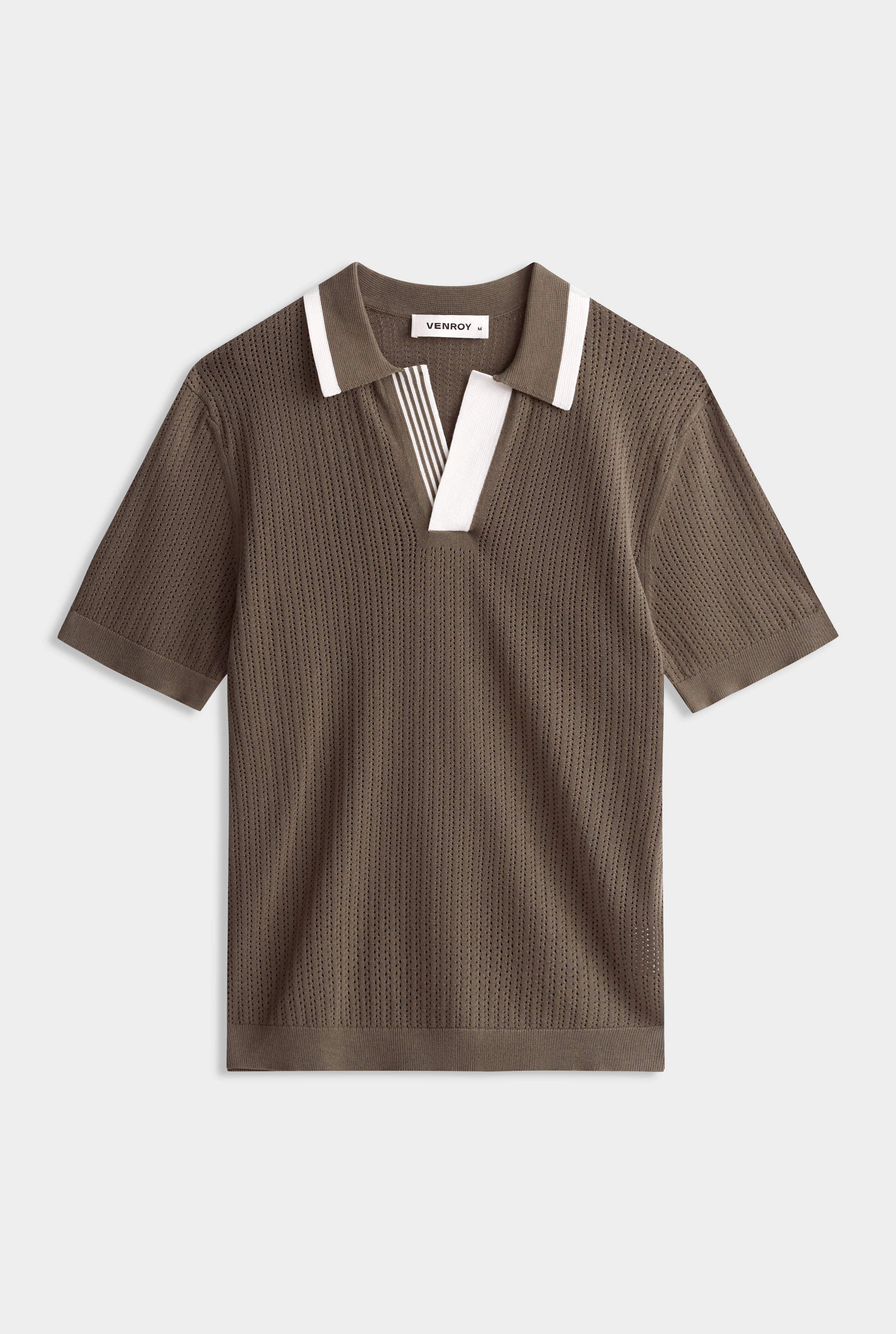 Stripe Collar Cotton Knit Open Neck Polo - Deep Olive/Cream