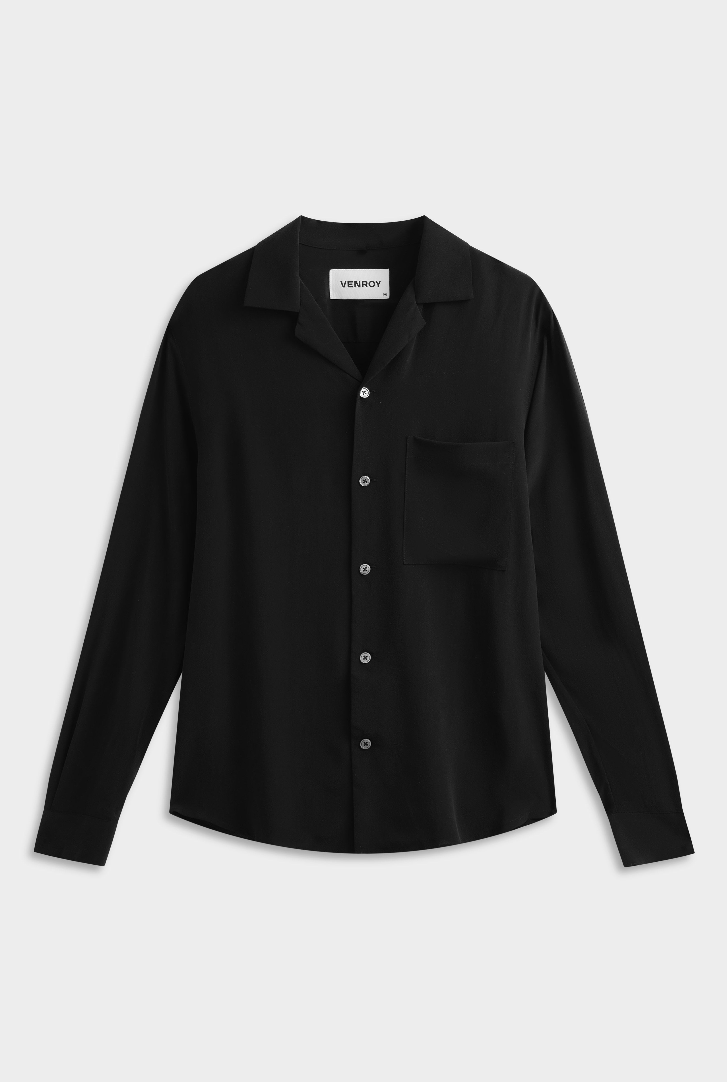Long Sleeve Silk Camp Collar Shirt - Black