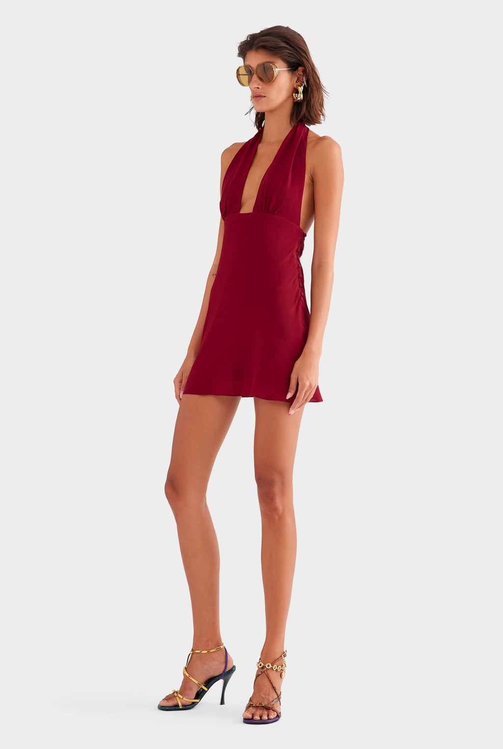Open Back Halter Mini Dress - Pomegranate