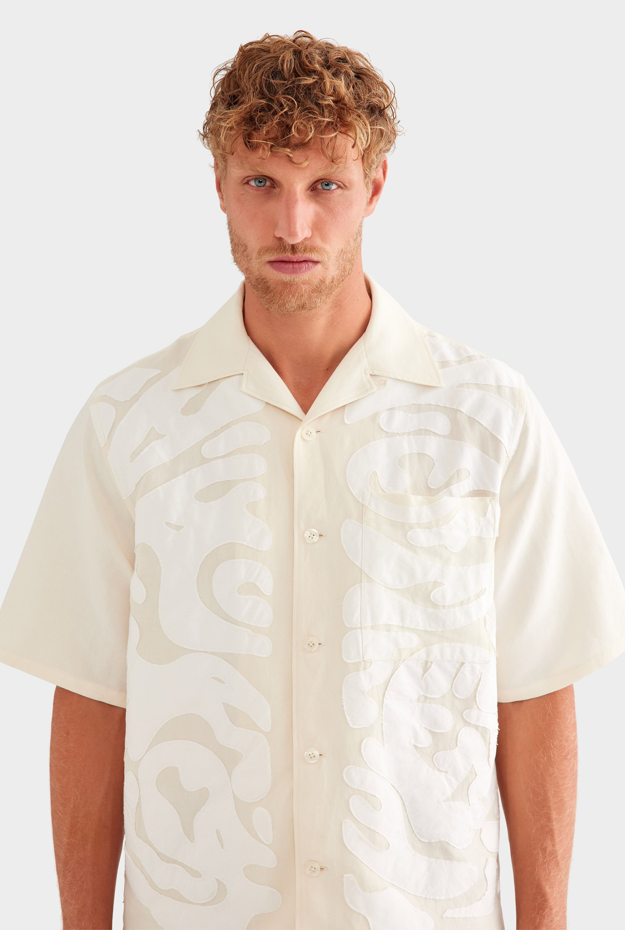 Oversized Applique Short Sleeve Shirt - Natural/Off White