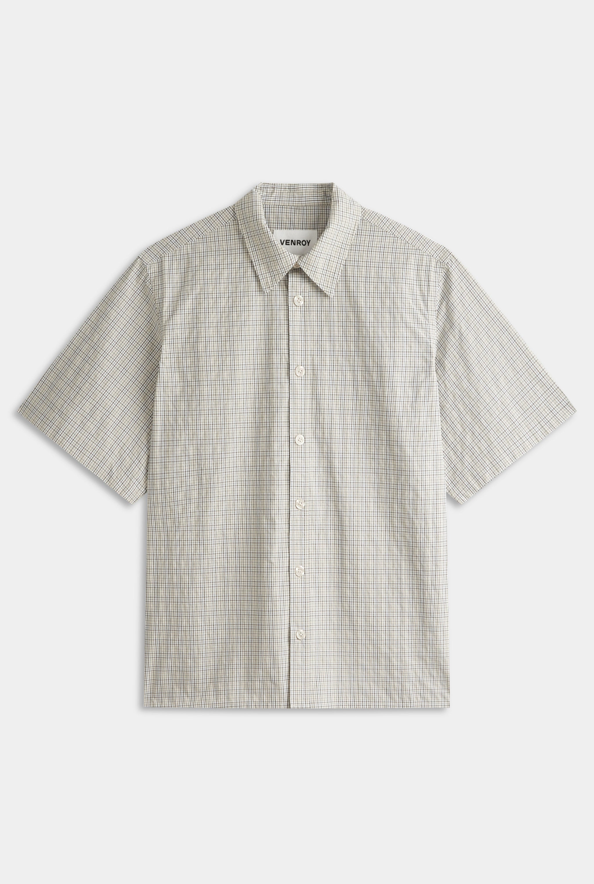 Oversized Cotton Check Short Sleeve Shirt - Beige Check