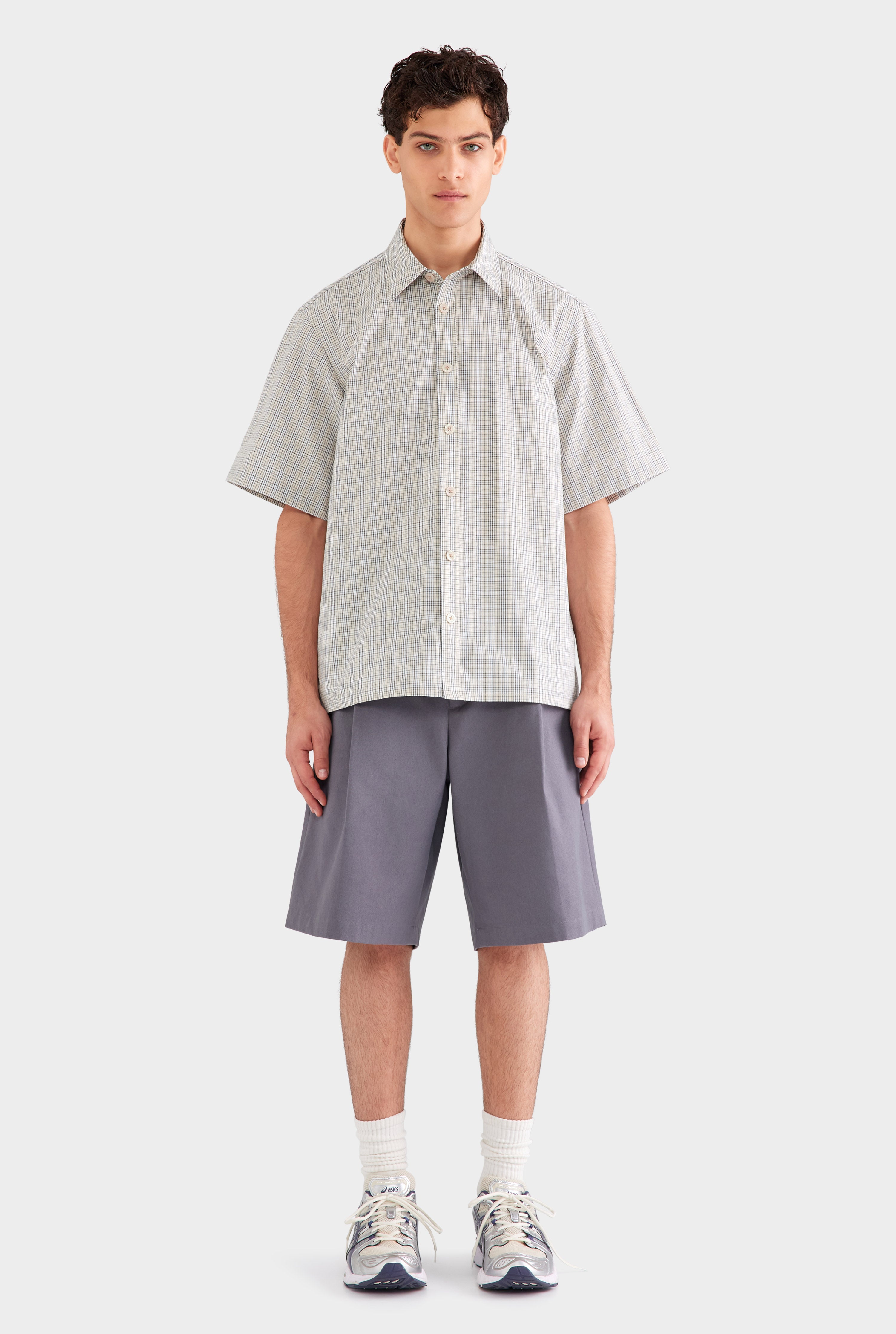 Oversized Cotton Check Short Sleeve Shirt - Beige Check