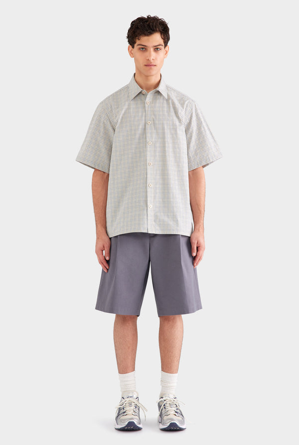 Oversized Cotton Check Short Sleeve Shirt - Beige Check