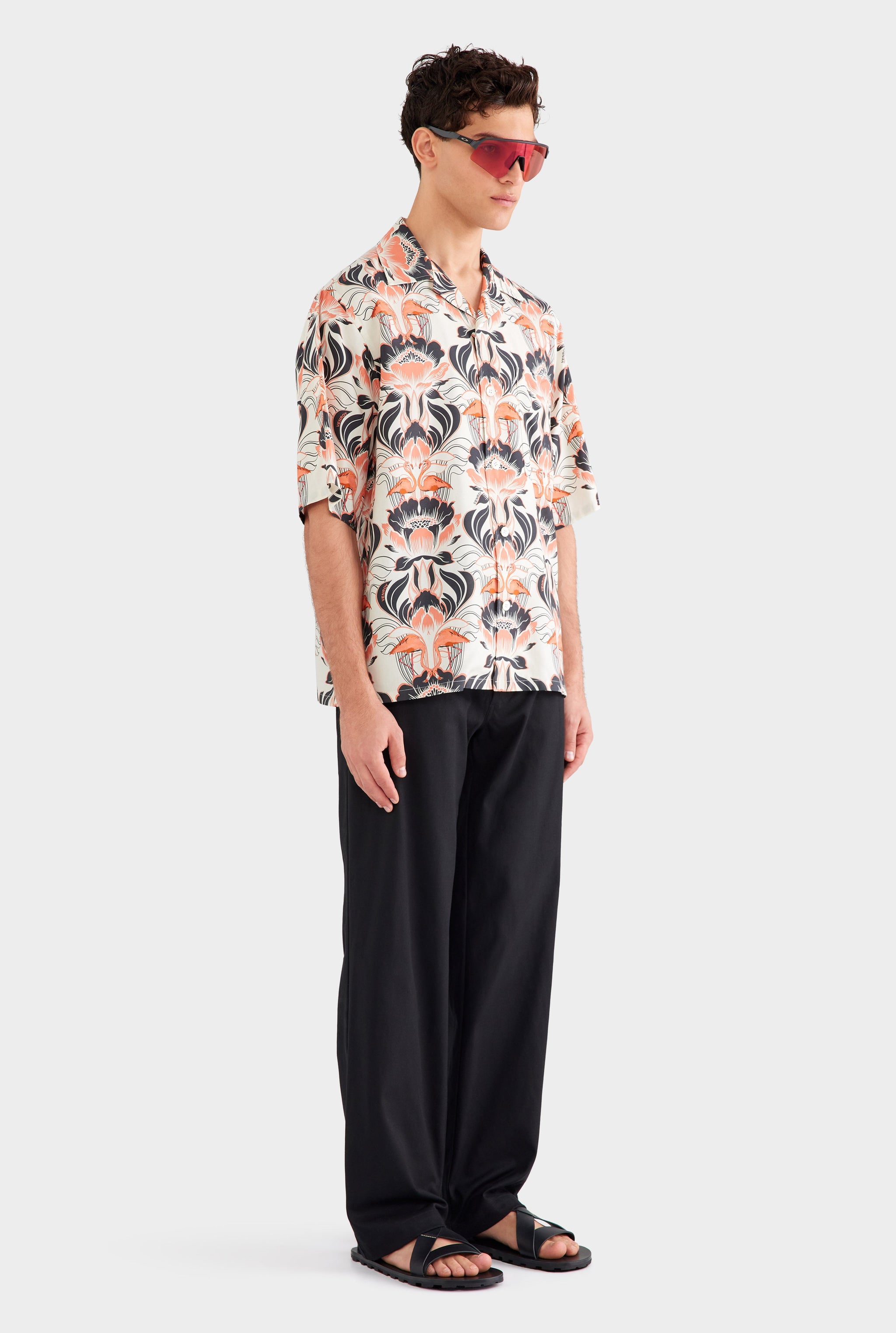 Oversized Fuji Silk Short Sleeve Shirt - Cream/Orange/Black Acid Floral