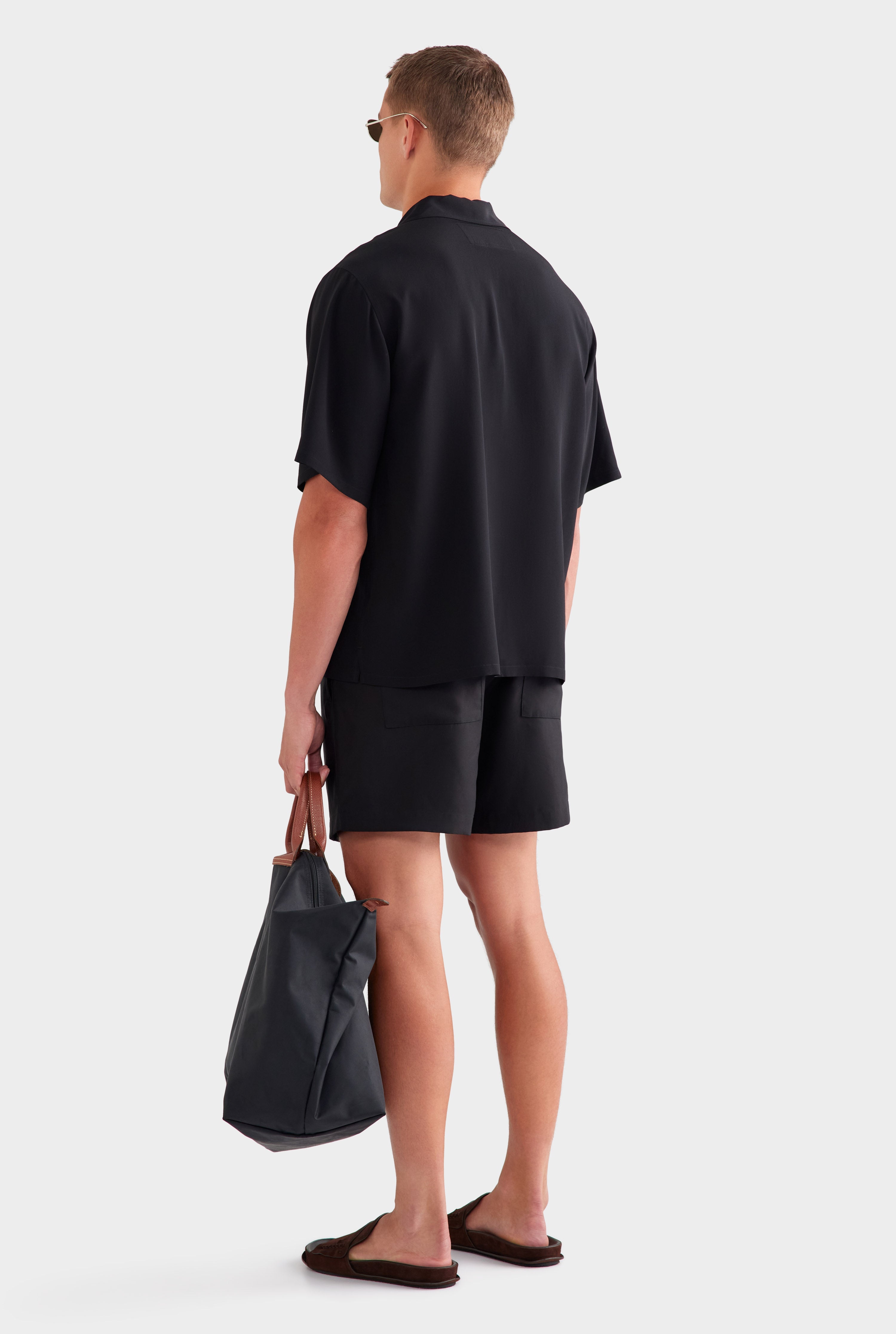 Oversized Relaxed Silk Short Sleeve Shirt - Black