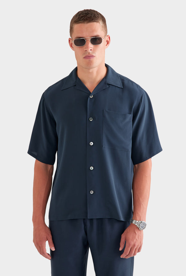 Oversized Relaxed Silk Short Sleeve Shirt - Navy
