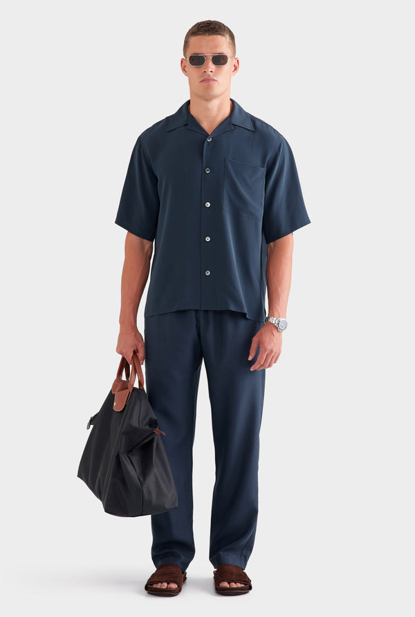 Oversized Relaxed Silk Short Sleeve Shirt - Navy