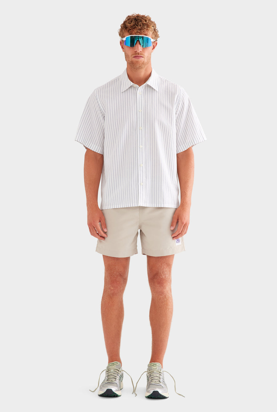 Oversized Stripe Short Sleeve Shirt - Off White/Navy Stripe