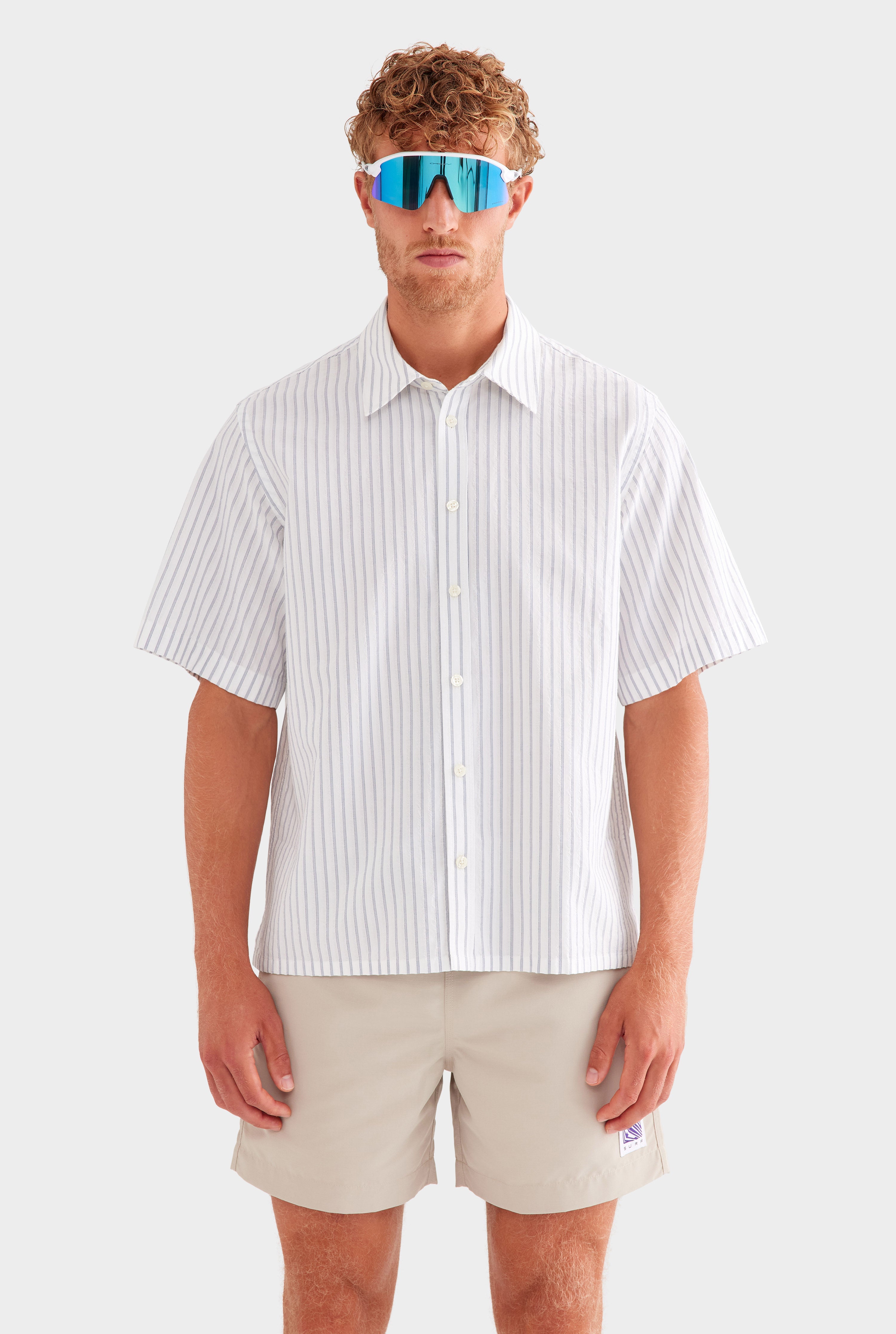 Oversized Stripe Short Sleeve Shirt - Off White/Navy Stripe