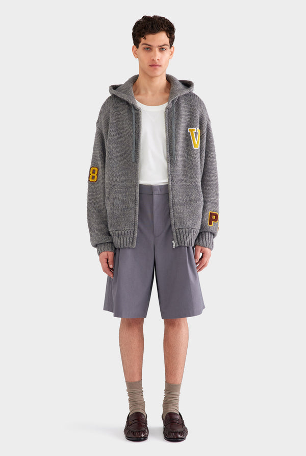 Oversized Wool Zip Knit Hoodie - Dark Grey Marl