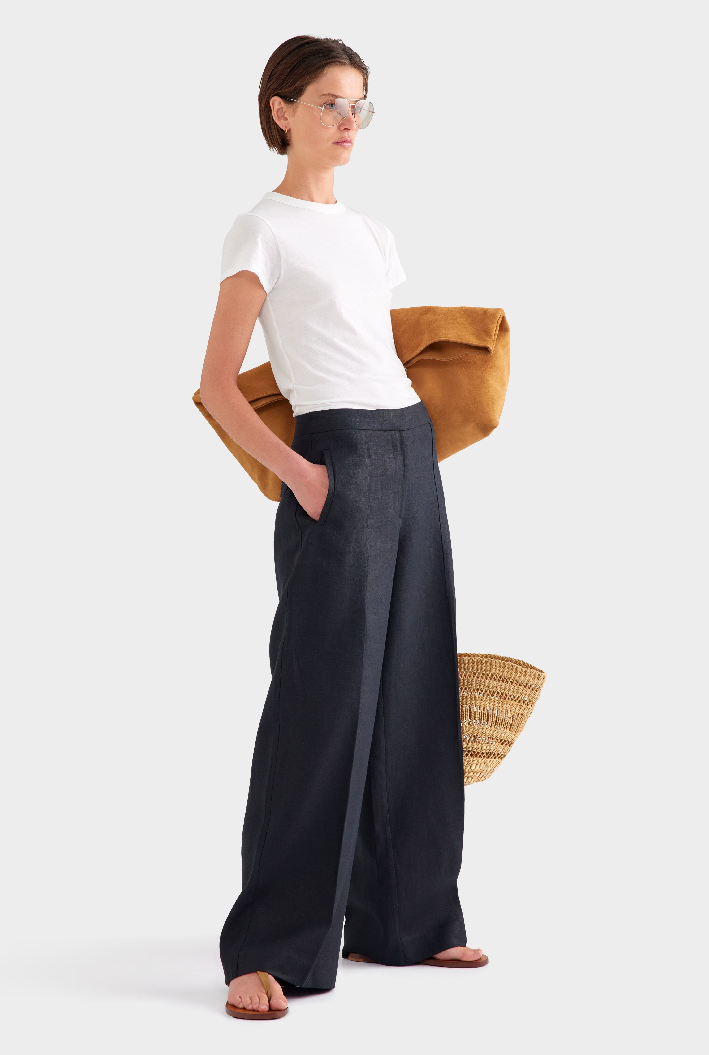 Heavyweight Panelled Linen Pant - Black