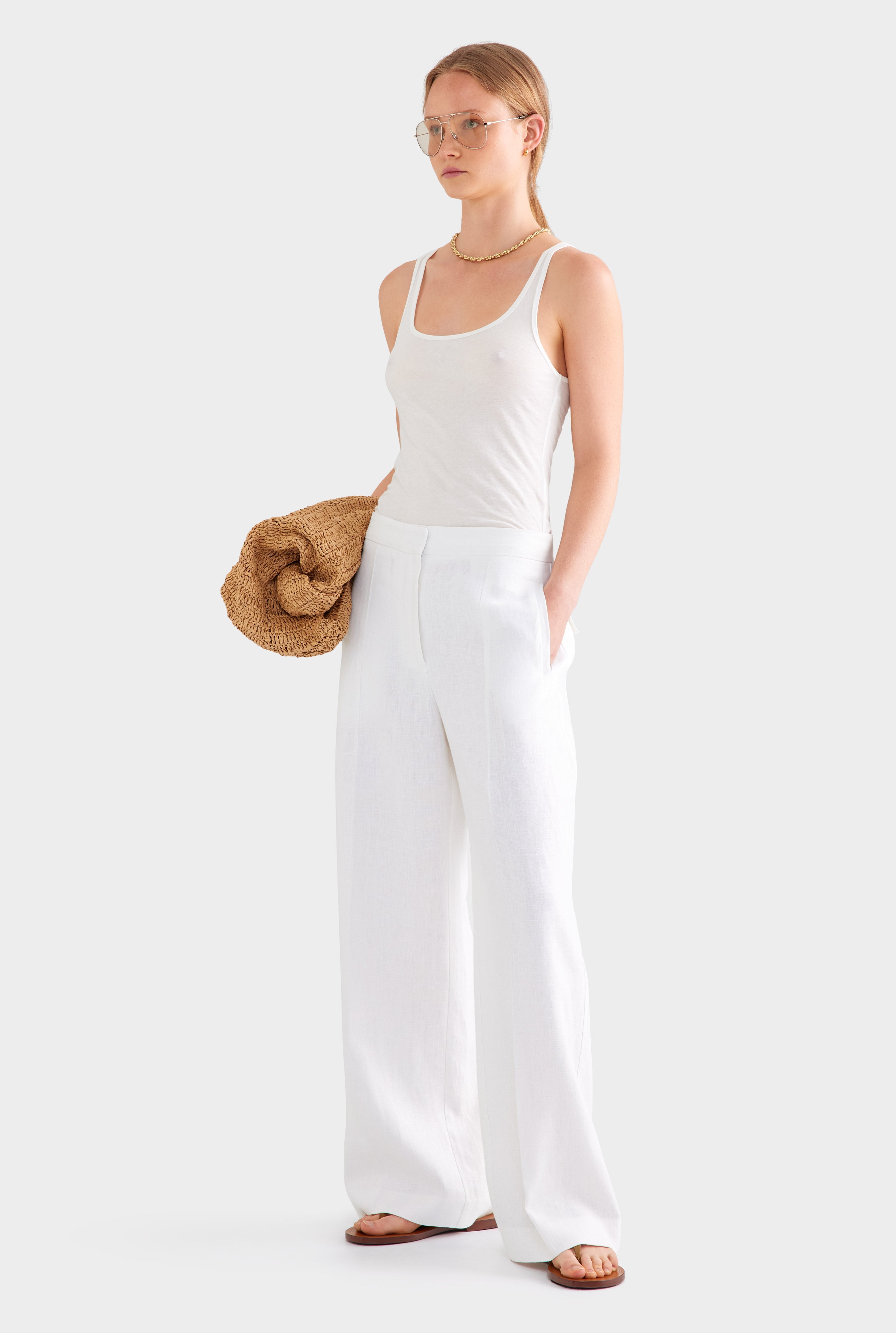 Heavyweight Panelled Linen Pant - White