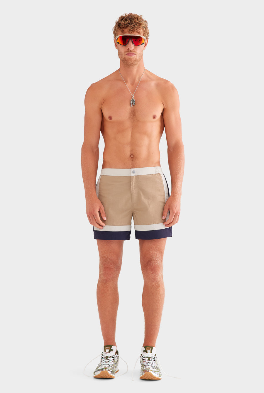 Panelled Snaplock Swim Short - Taupe/Navy/Cream