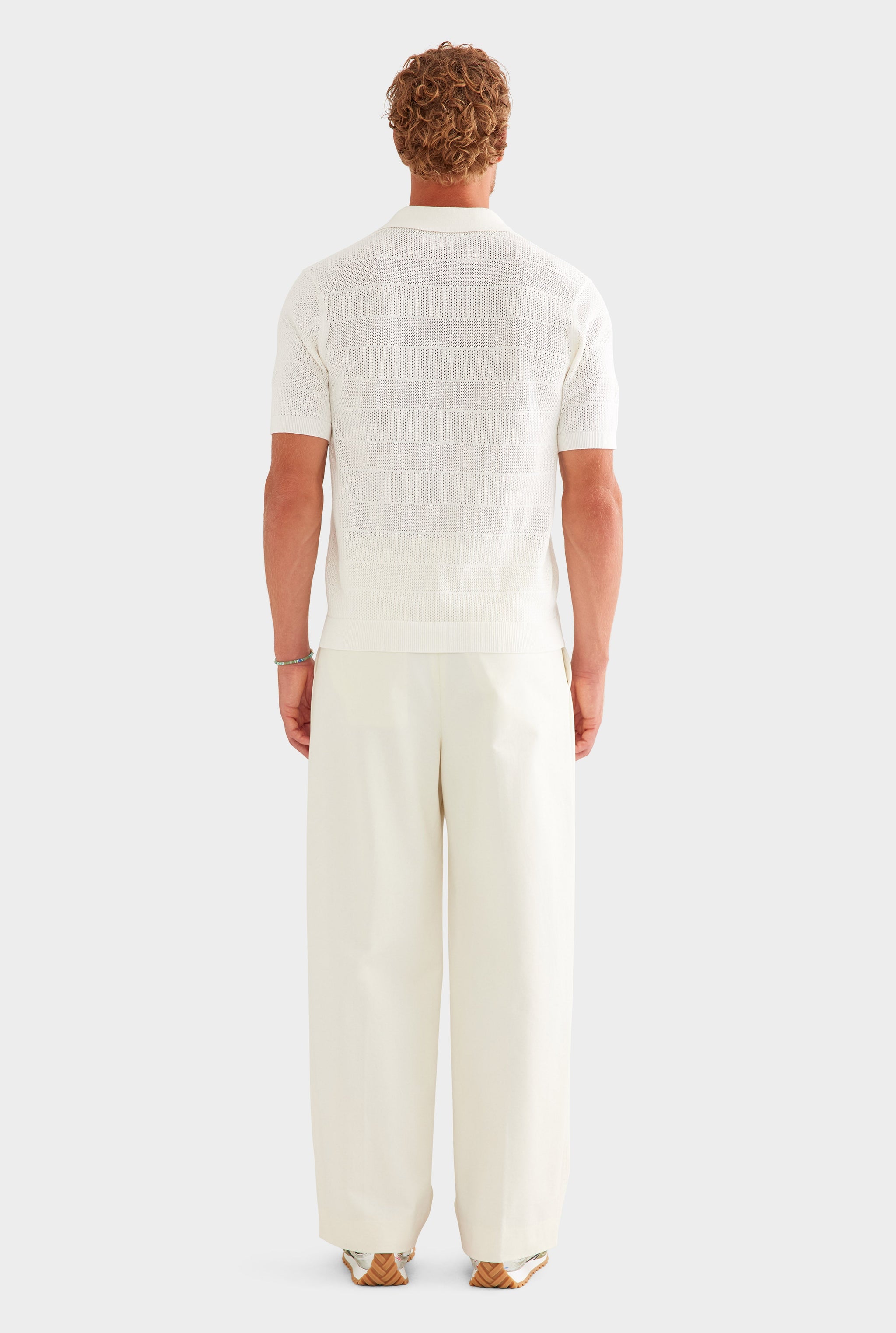 Pointelle Stripe Cotton Polo - Off White