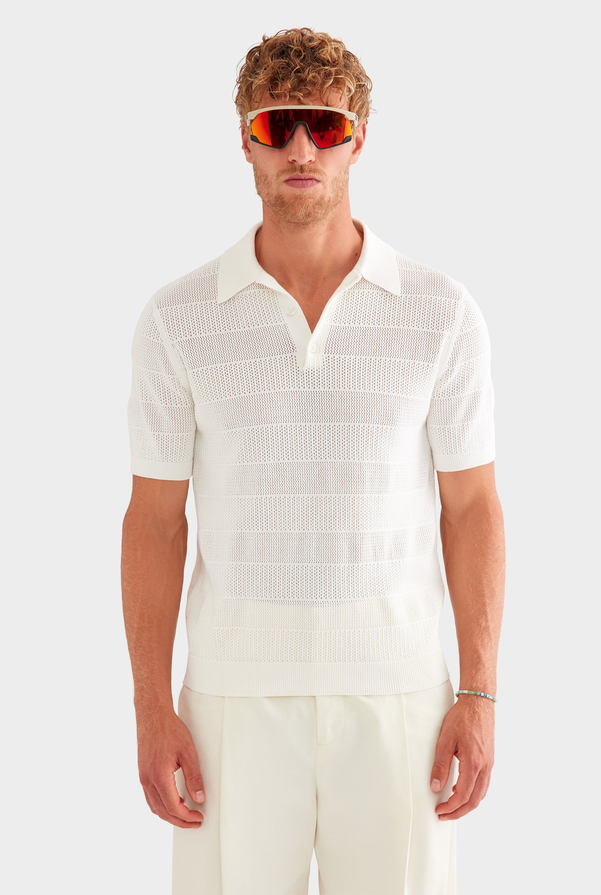 Pointelle Stripe Cotton Polo - Off White