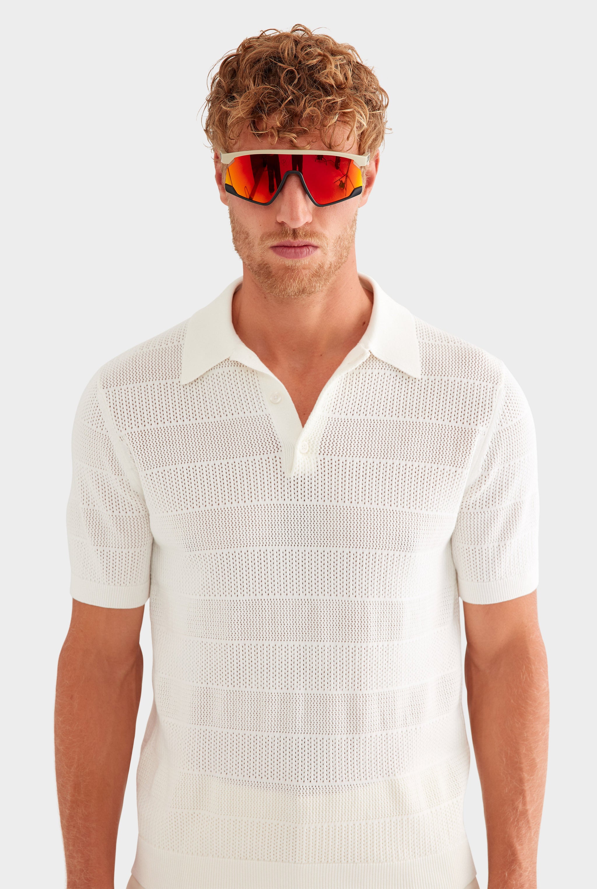 Pointelle Stripe Cotton Polo - Off White